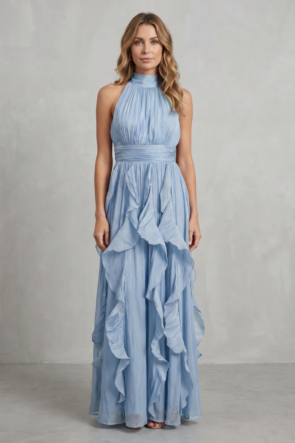 Rosamira – Elegância em chiffon com babados – Vestido longo