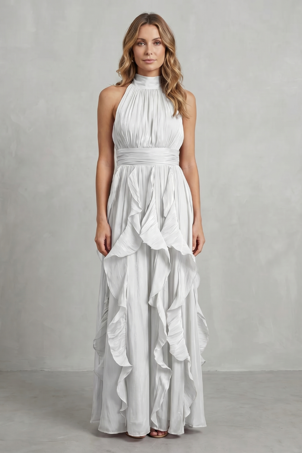 Rosamira – Elegância em chiffon com babados – Vestido longo