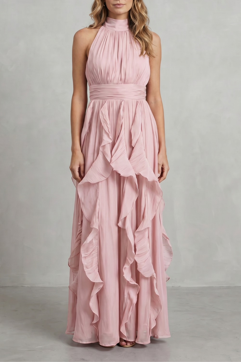 Rosamira – Elegância em chiffon com babados – Vestido longo