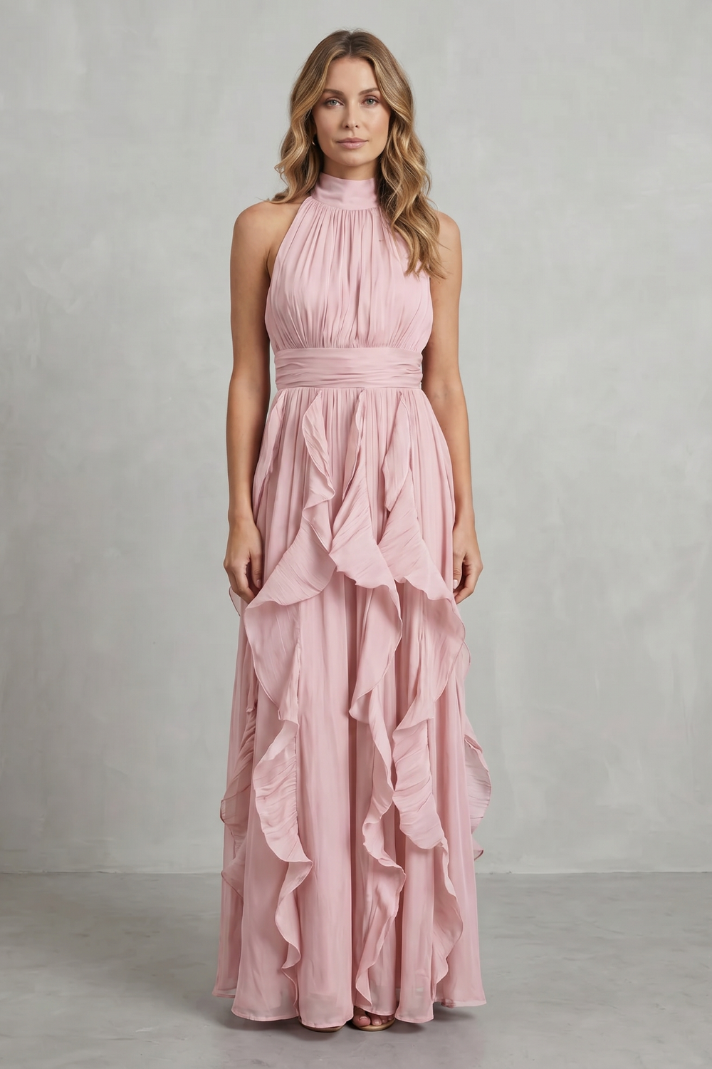 Rosamira – Elegância em chiffon com babados – Vestido longo