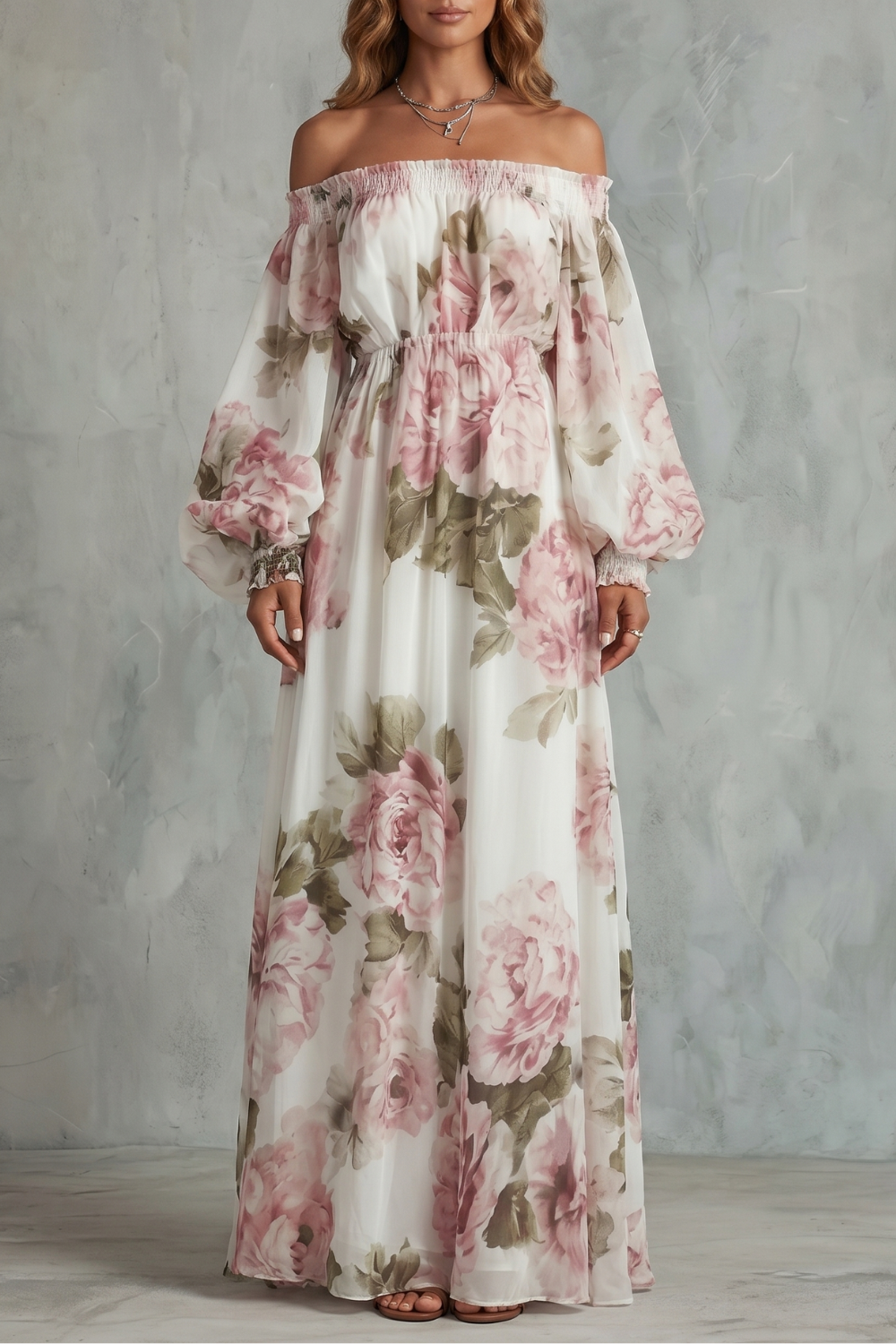 Rosavelle – Vestido maxi floral romântico com ombros à mostra