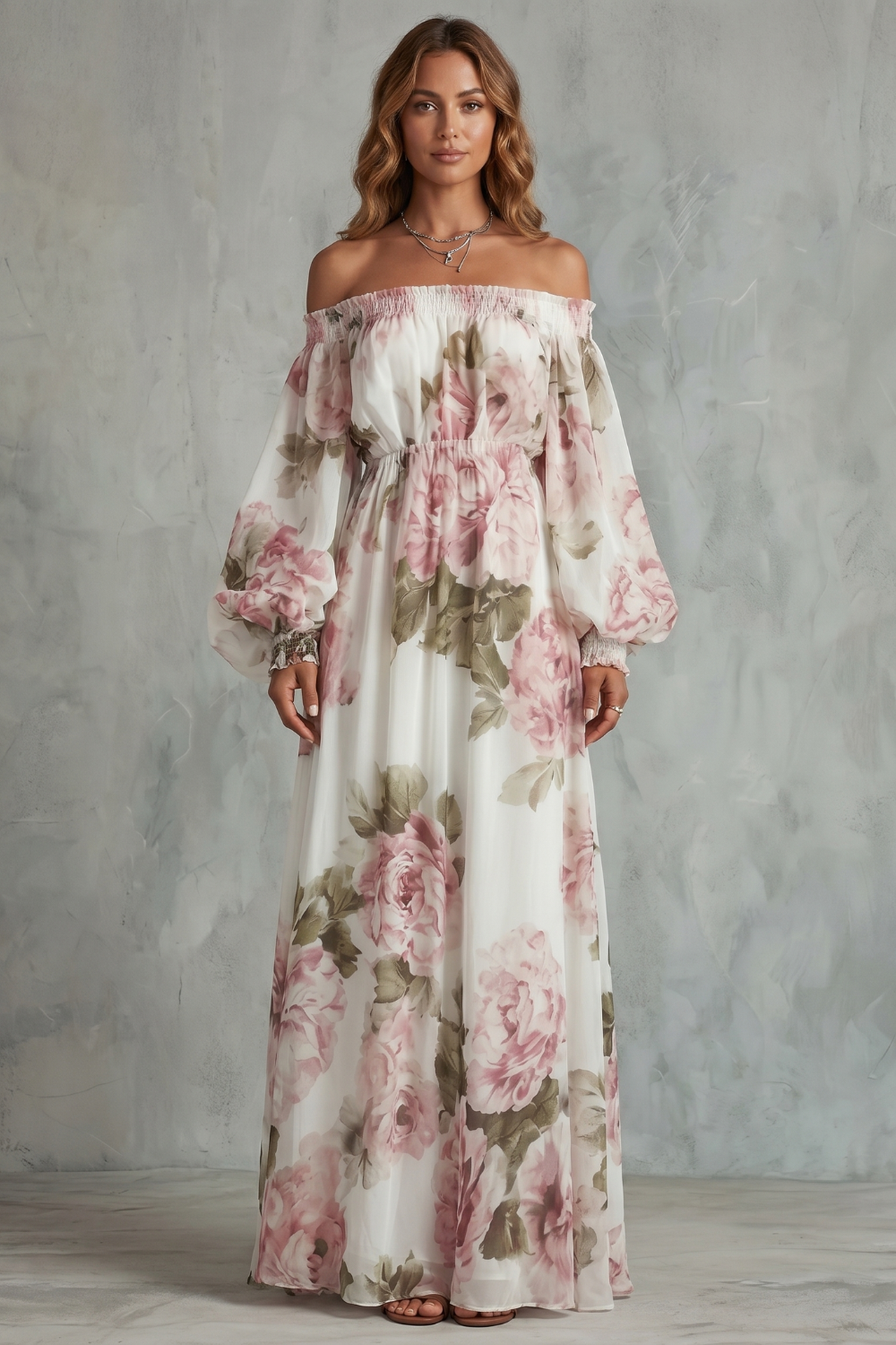Rosavelle – Vestido maxi floral romântico com ombros à mostra