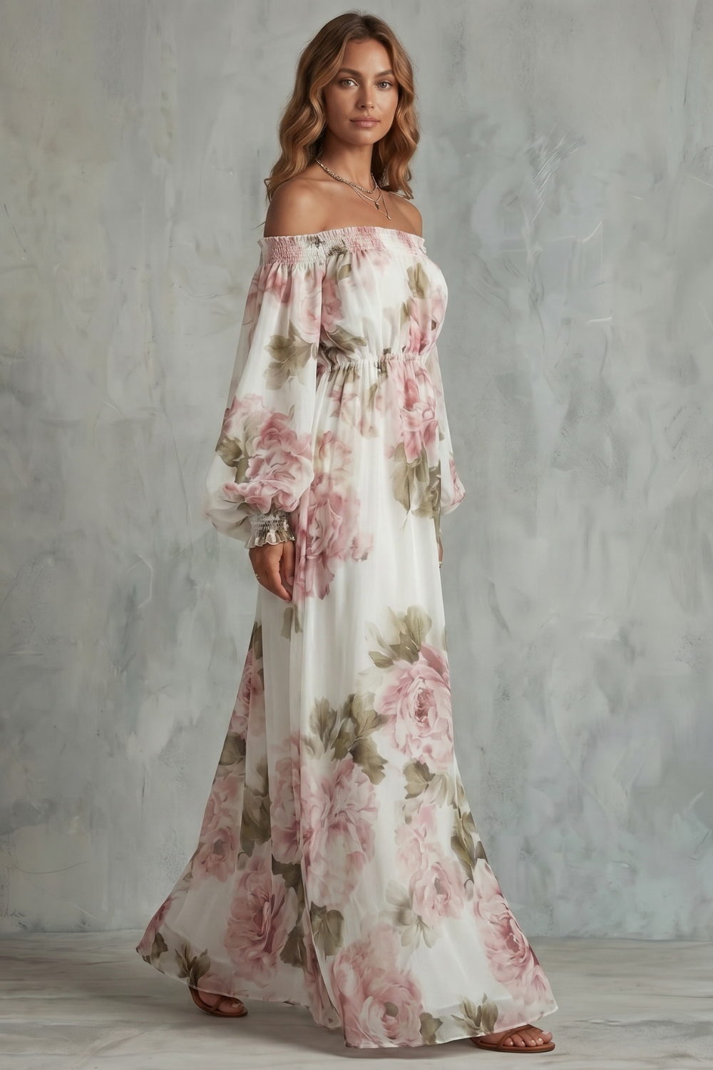 Rosavelle – Vestido maxi floral romântico com ombros à mostra