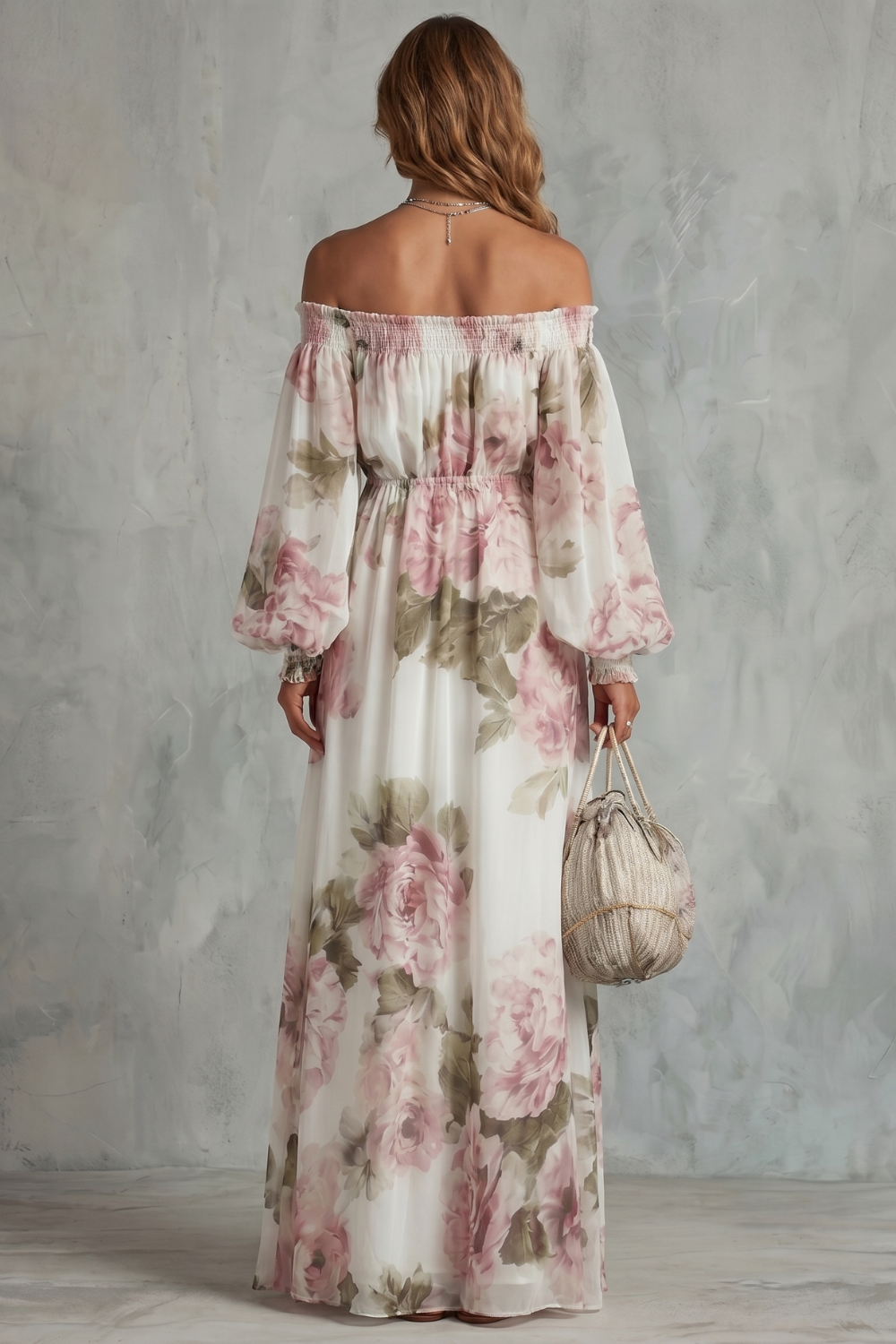 Rosavelle – Vestido maxi floral romântico com ombros à mostra