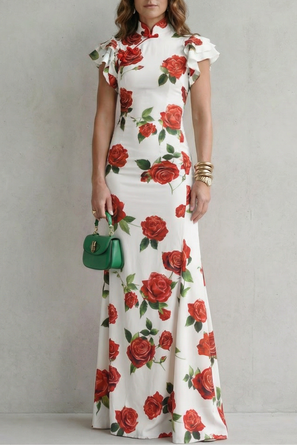 Rosavelle – Estampa romântica de rosas – Vestido longo
