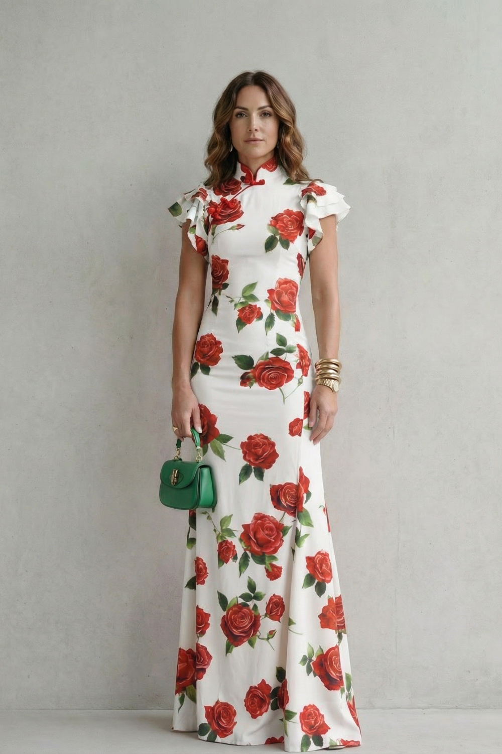 Rosavelle – Estampa romântica de rosas – Vestido longo