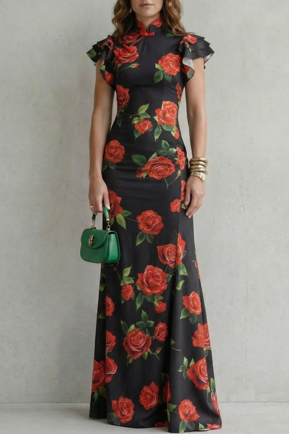 Rosavelle – Estampa romântica de rosas – Vestido longo