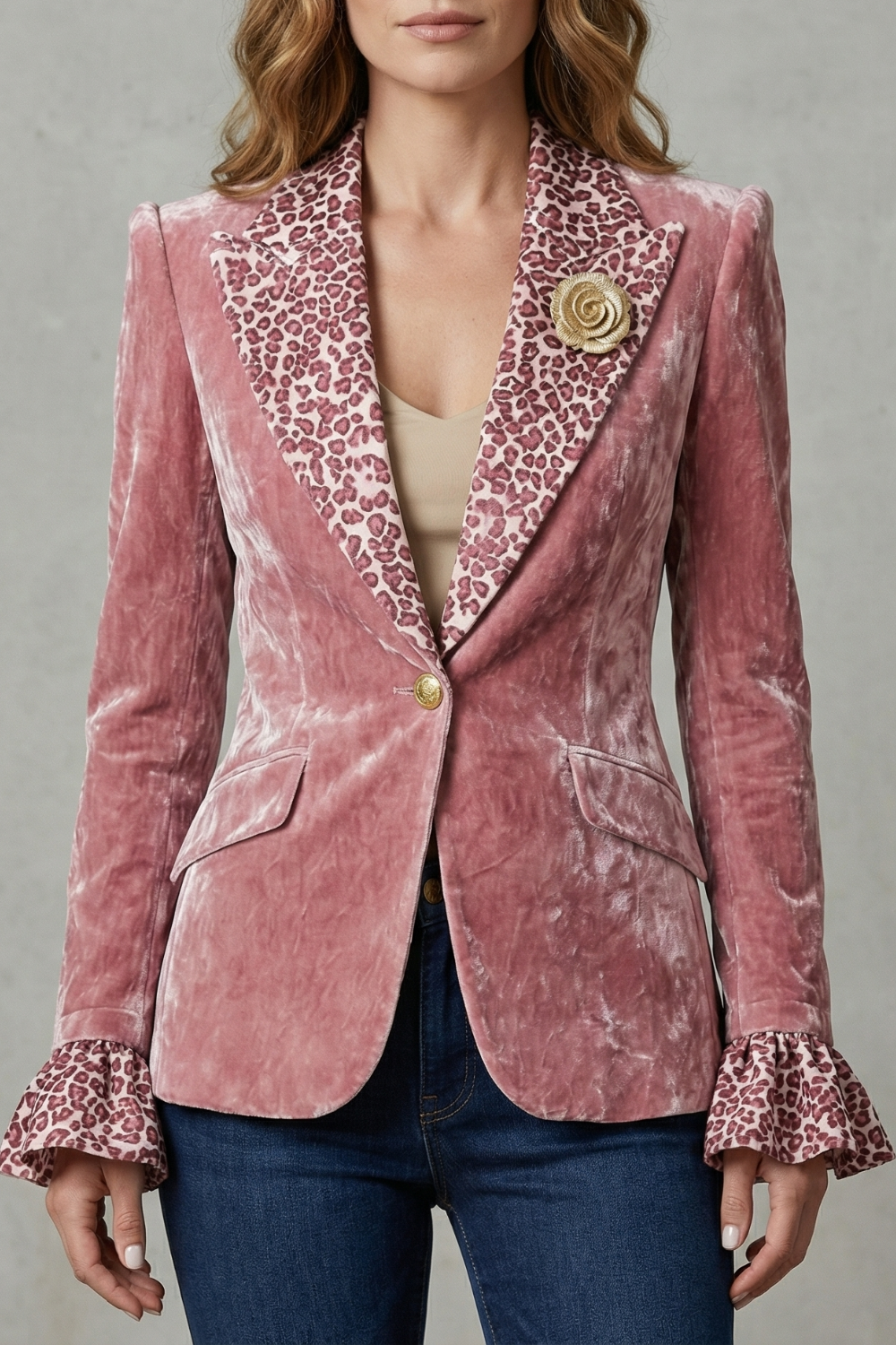 Rosavienne – Lapela estampada destaque – Blazer de veludo