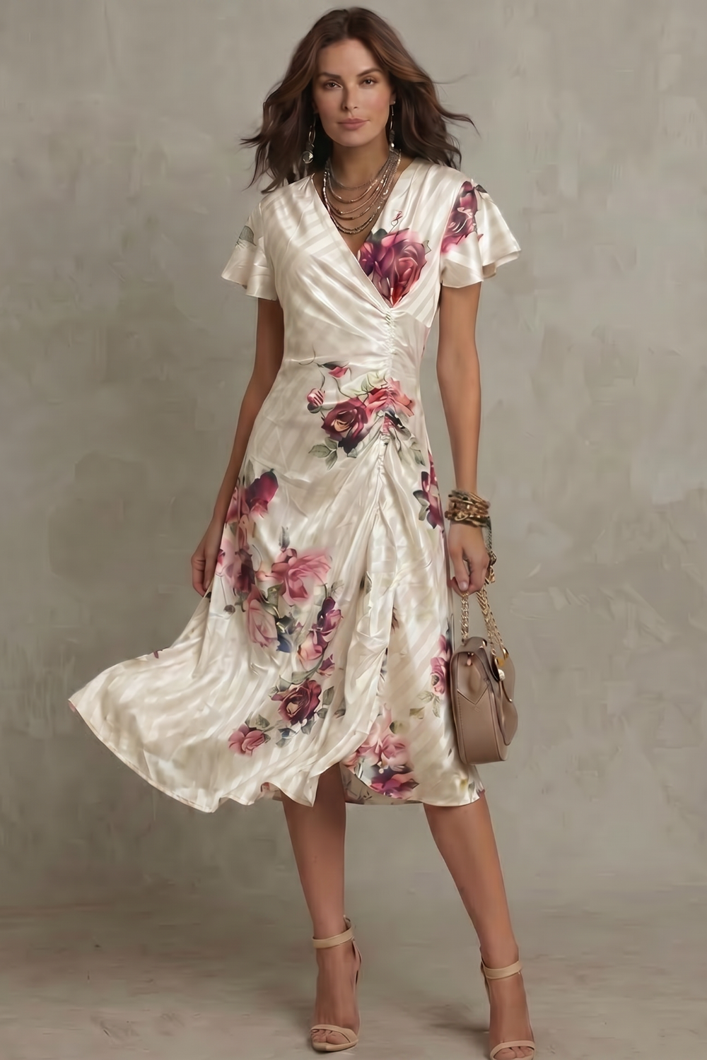 Rosavienne – Romance em cetim vintage – Vestido midi