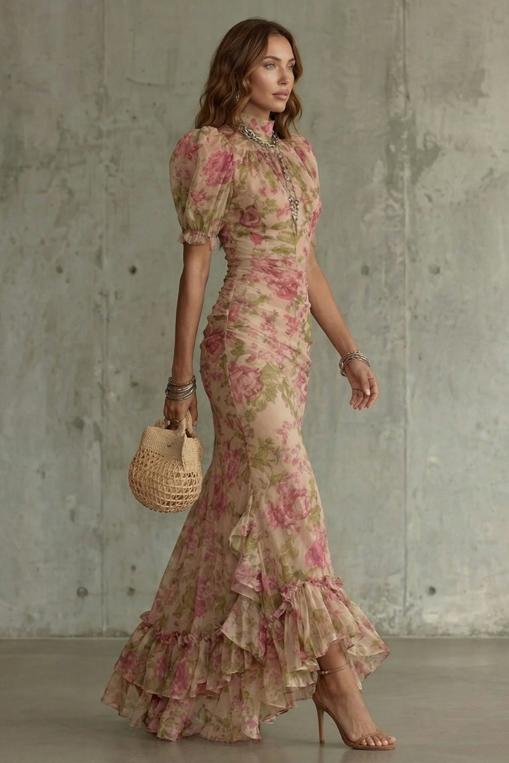 Roselique – Silhueta floral romântica – Vestido longo