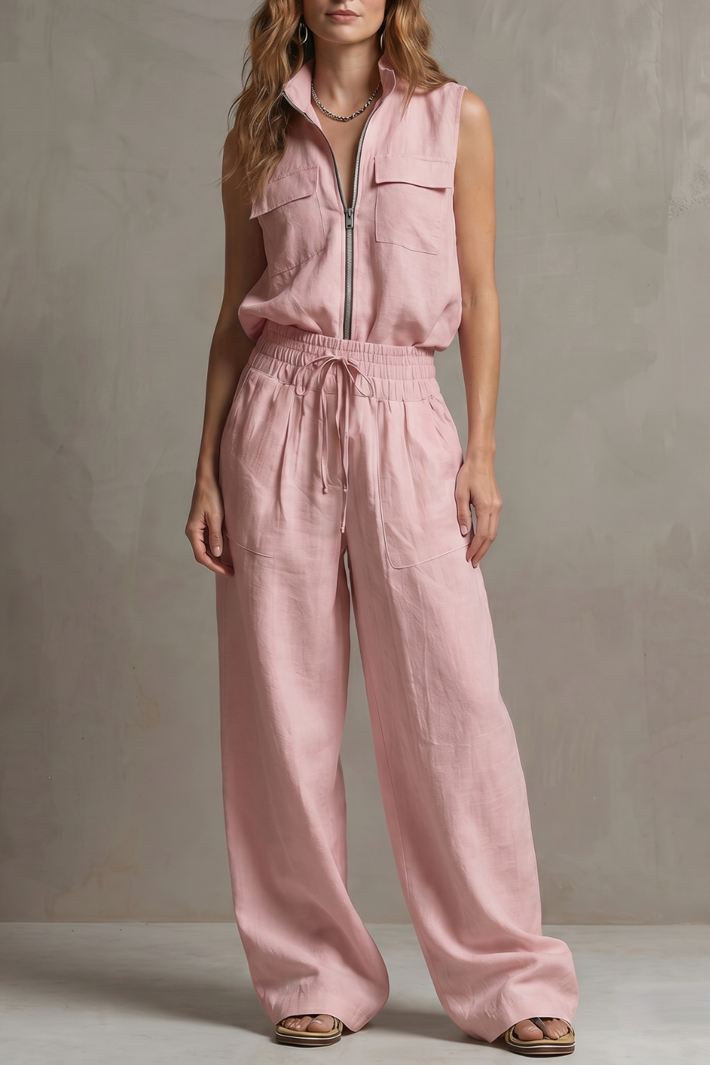 Roselune – Elegância transpassada com zíper frontal – Conjunto de calça