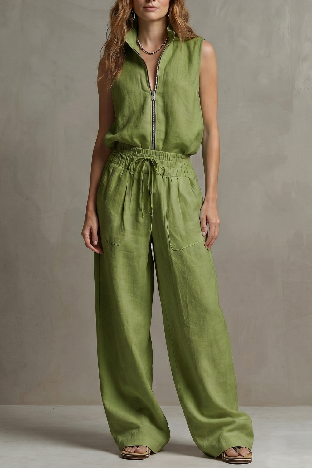 Roselune – Elegância transpassada com zíper frontal – Conjunto de calça