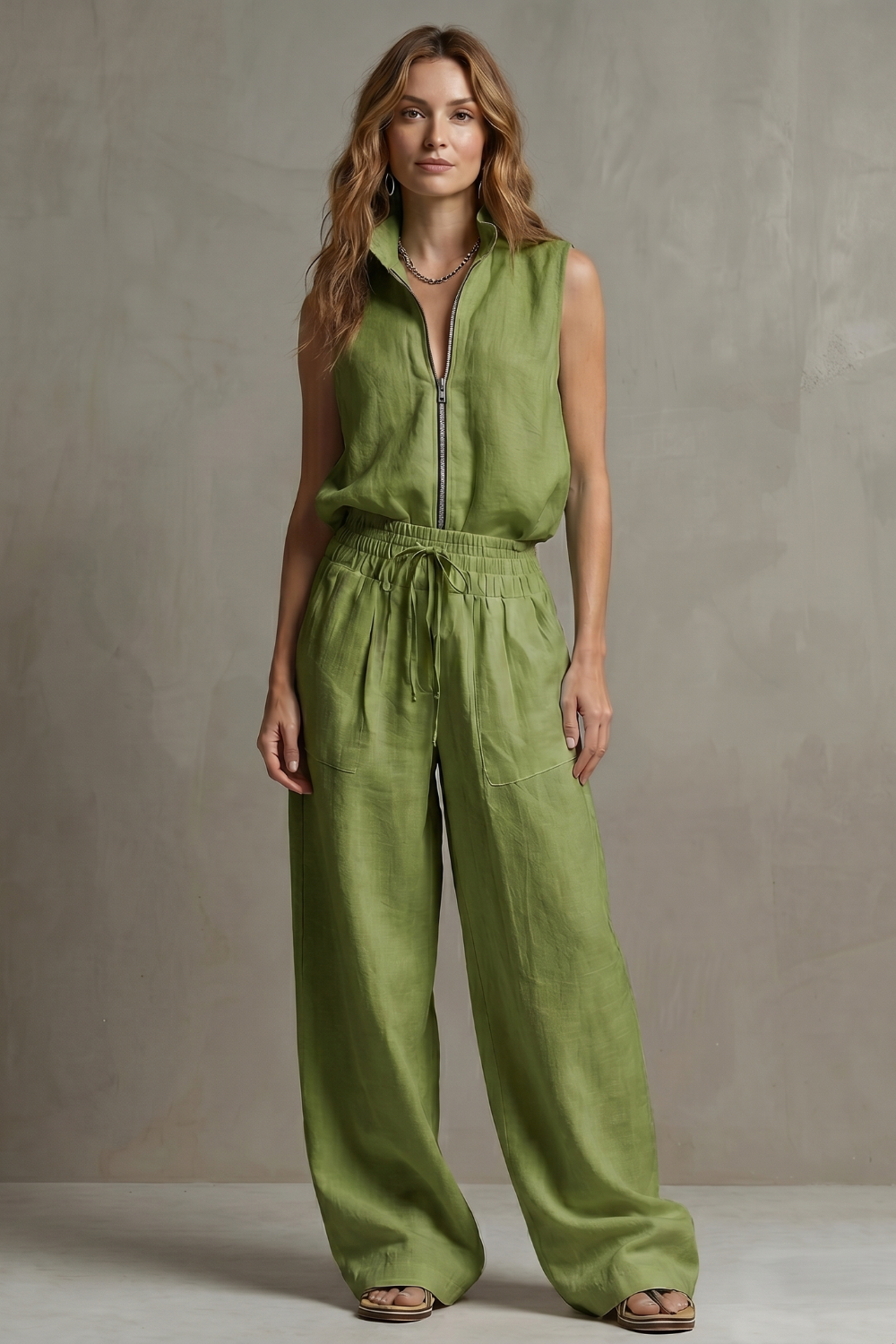 Roselune – Elegância transpassada com zíper frontal – Conjunto de calça