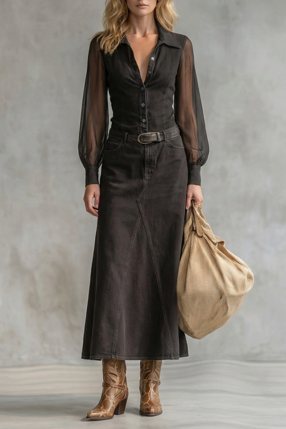 Savannah – Vestido Camisão Jeans com Manga Transparente – Estilo Western Marcante