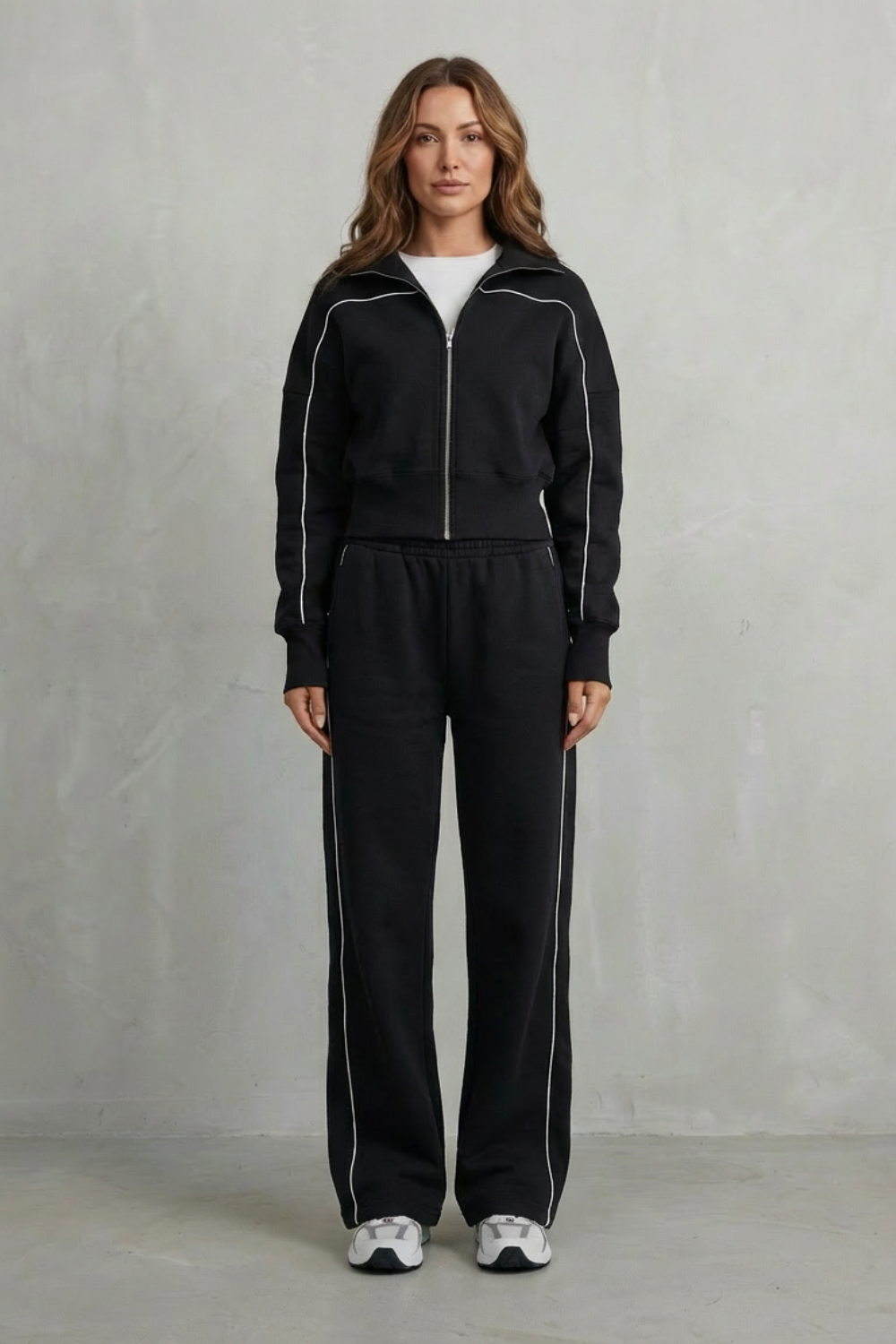 Savina – Conjunto Urbano de Jaqueta com Zíper e Vivos e Calça Pantalona