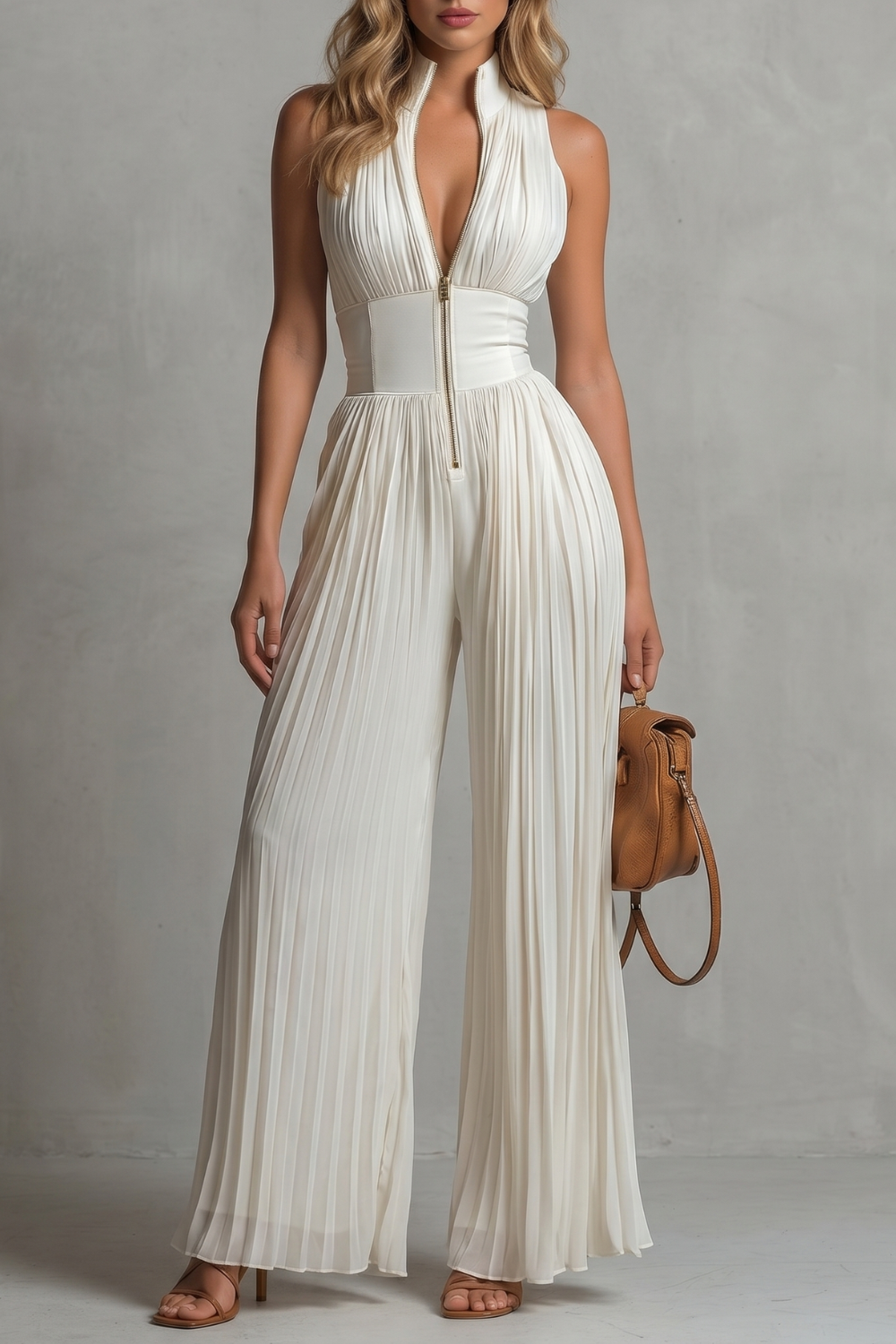 Seraphina – Elegância de halter plissado – Macacão de perna larga
