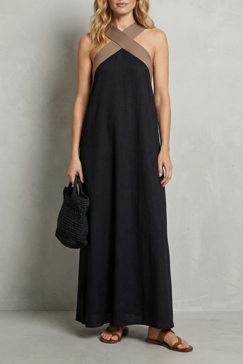 Seravelle – Elegância frente única cruzada – Vestido longo