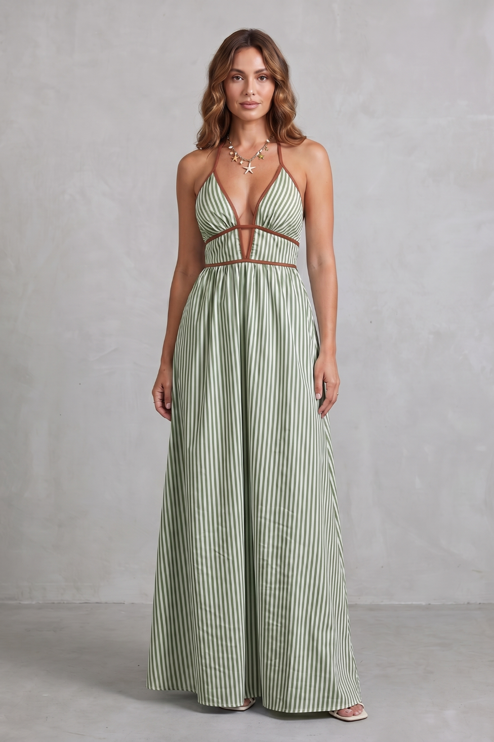 Serelisse – Silhueta listrada com costas abertas – Vestido longo