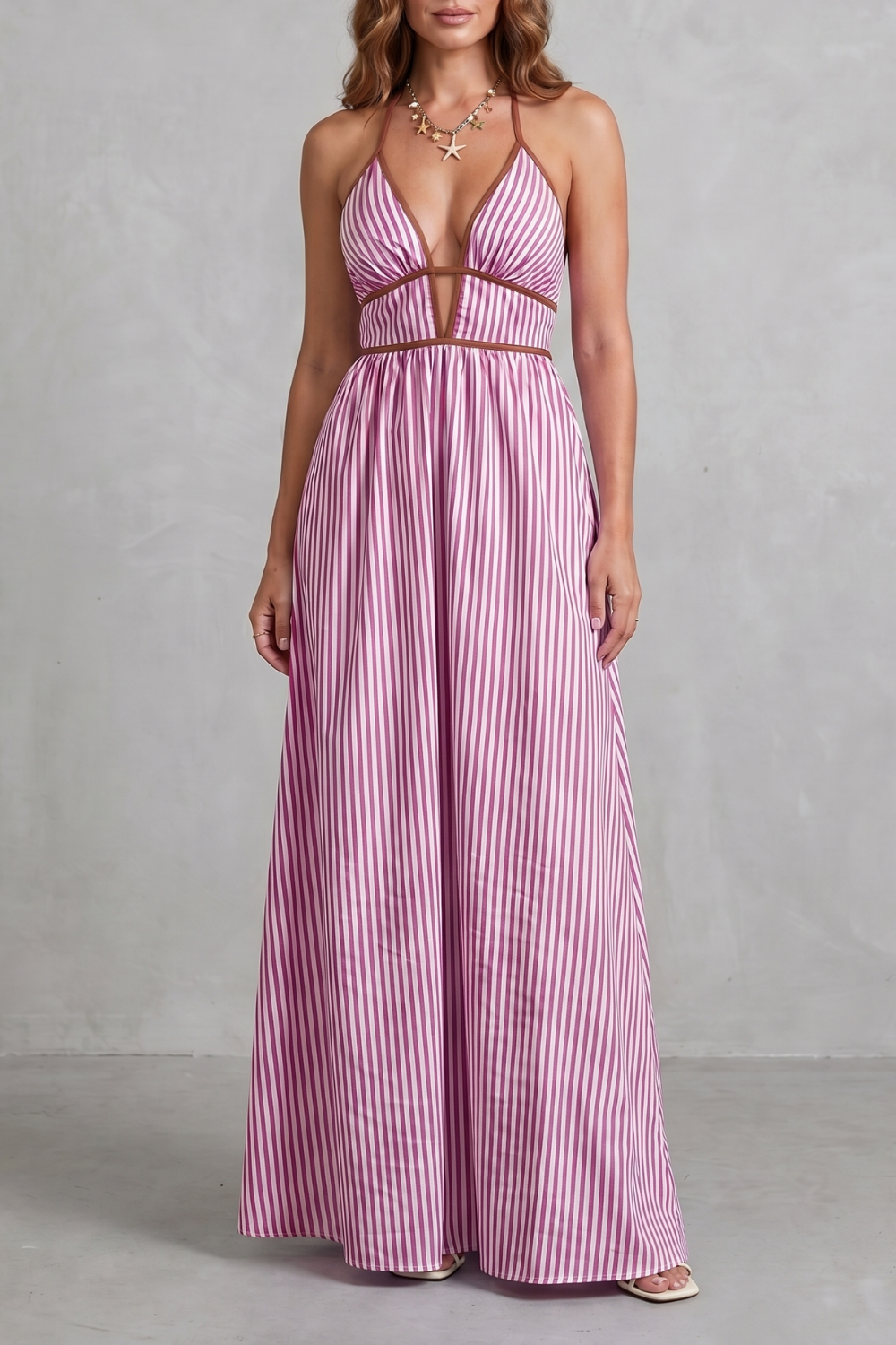 Serelisse – Silhueta listrada com costas abertas – Vestido longo
