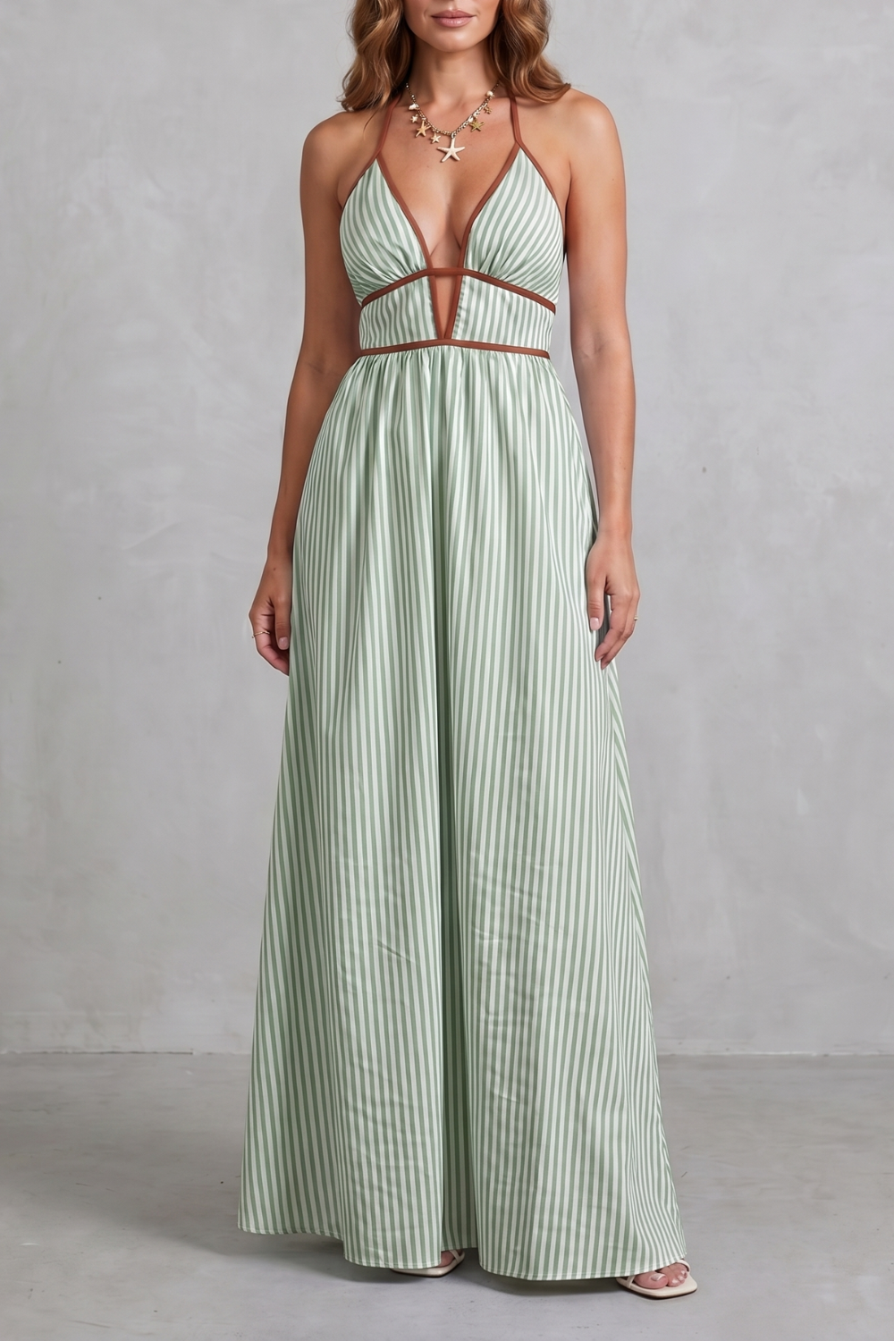Serelisse – Silhueta listrada com costas abertas – Vestido longo