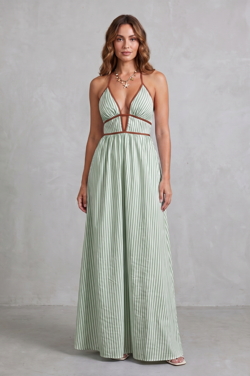 Serelisse – Silhueta listrada com costas abertas – Vestido longo