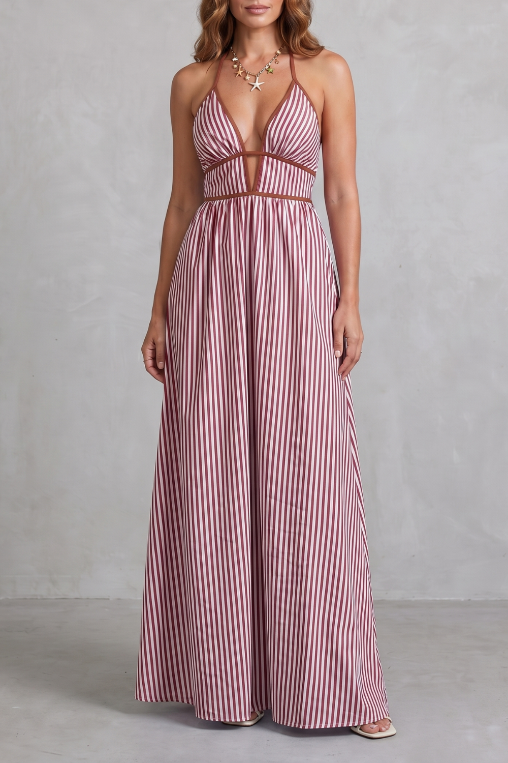 Serelisse – Silhueta listrada com costas abertas – Vestido longo