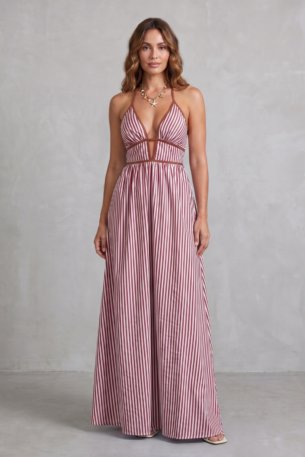 Serelisse – Silhueta listrada com costas abertas – Vestido longo