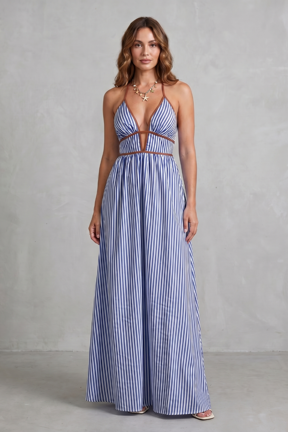 Serelisse – Silhueta listrada com costas abertas – Vestido longo