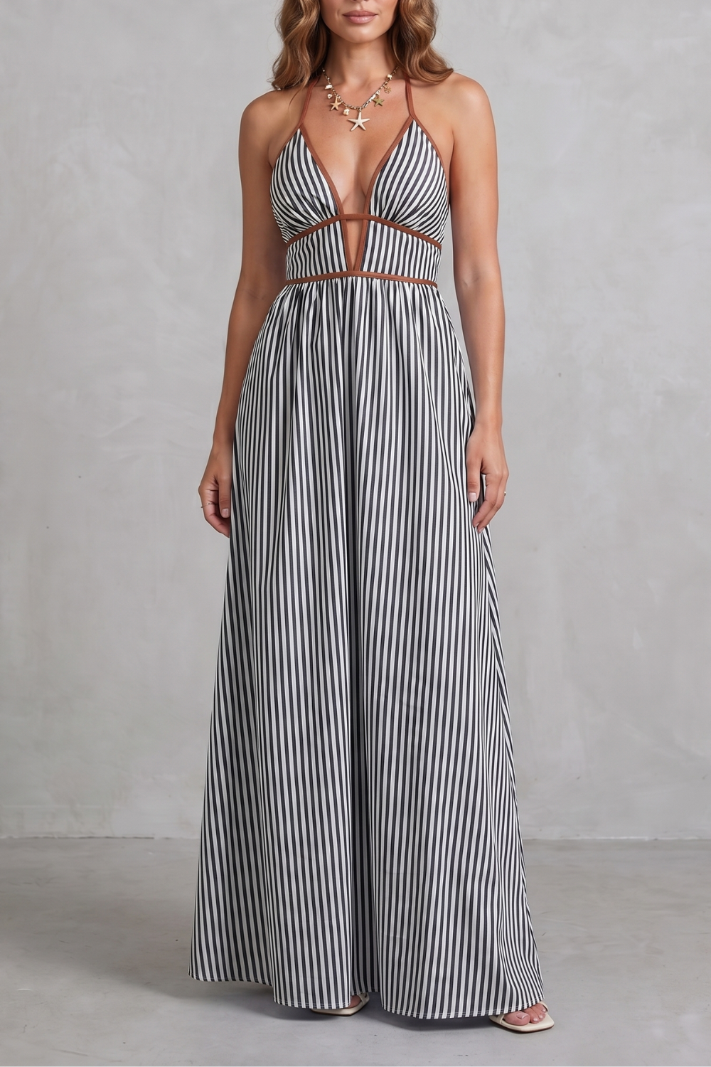 Serelisse – Silhueta listrada com costas abertas – Vestido longo
