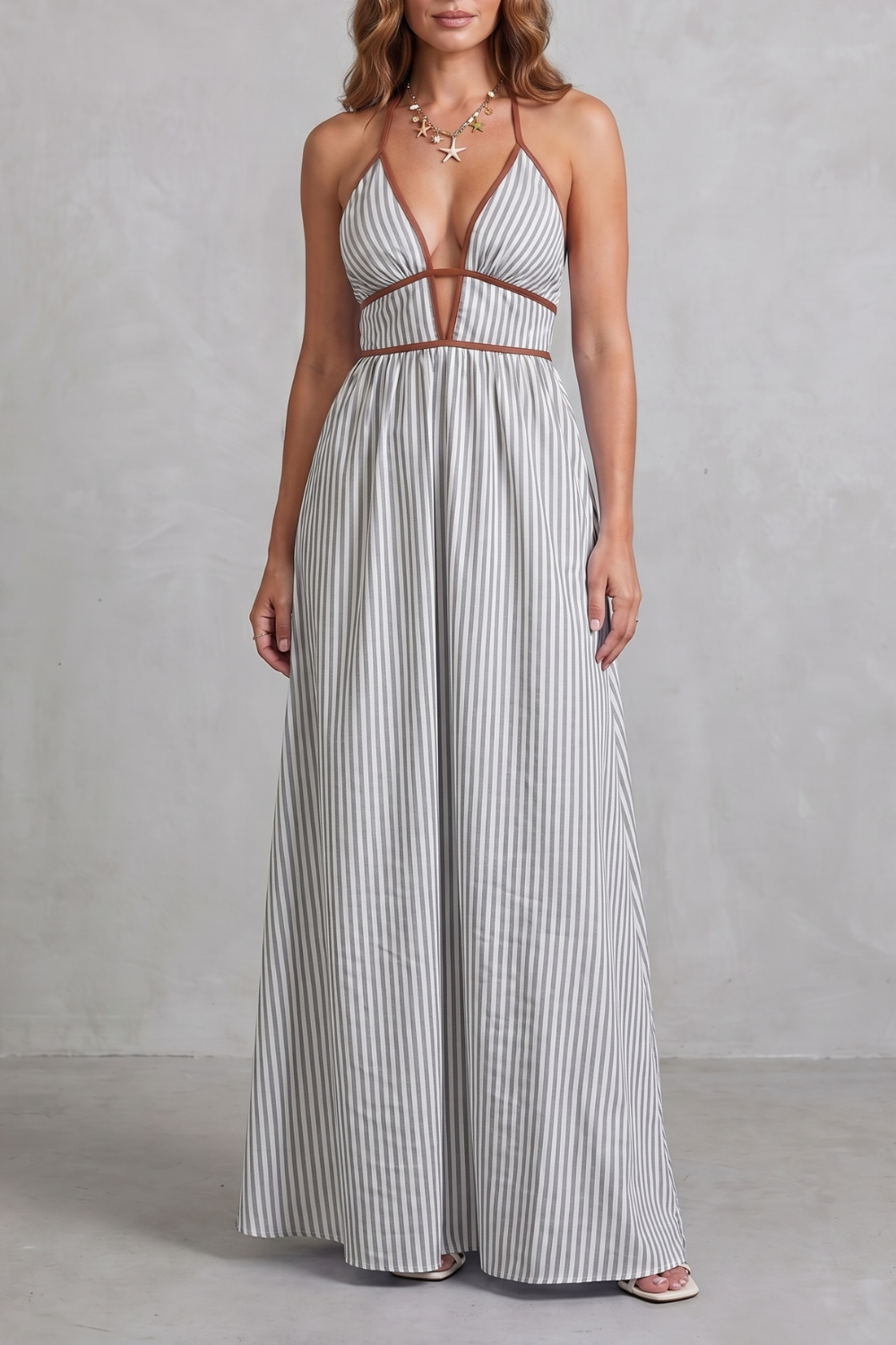 Serelisse – Silhueta listrada com costas abertas – Vestido longo