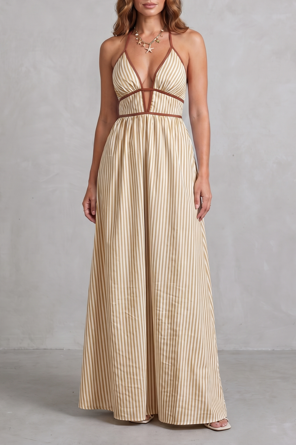 Serelisse – Silhueta listrada com costas abertas – Vestido longo