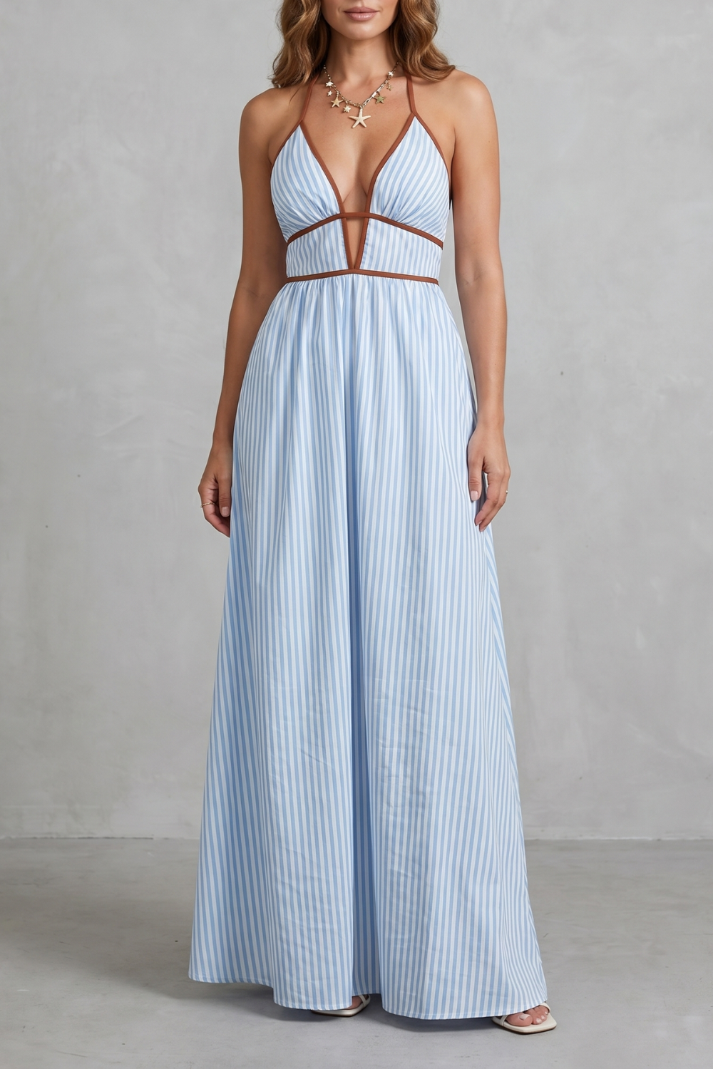 Serelisse – Silhueta listrada com costas abertas – Vestido longo
