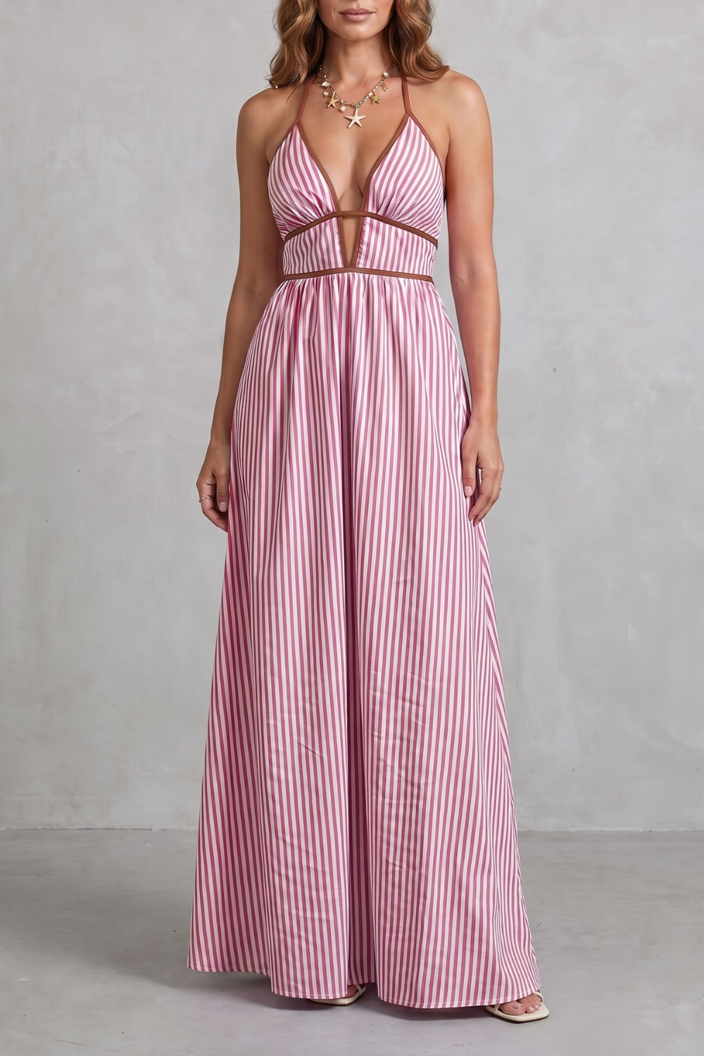 Serelisse – Silhueta listrada com costas abertas – Vestido longo