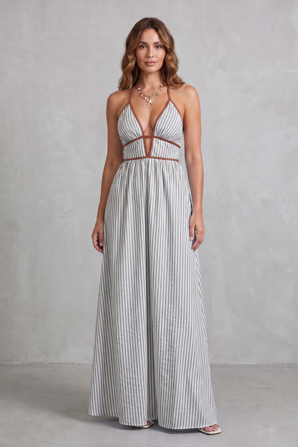 Serelisse – Silhueta listrada com costas abertas – Vestido longo