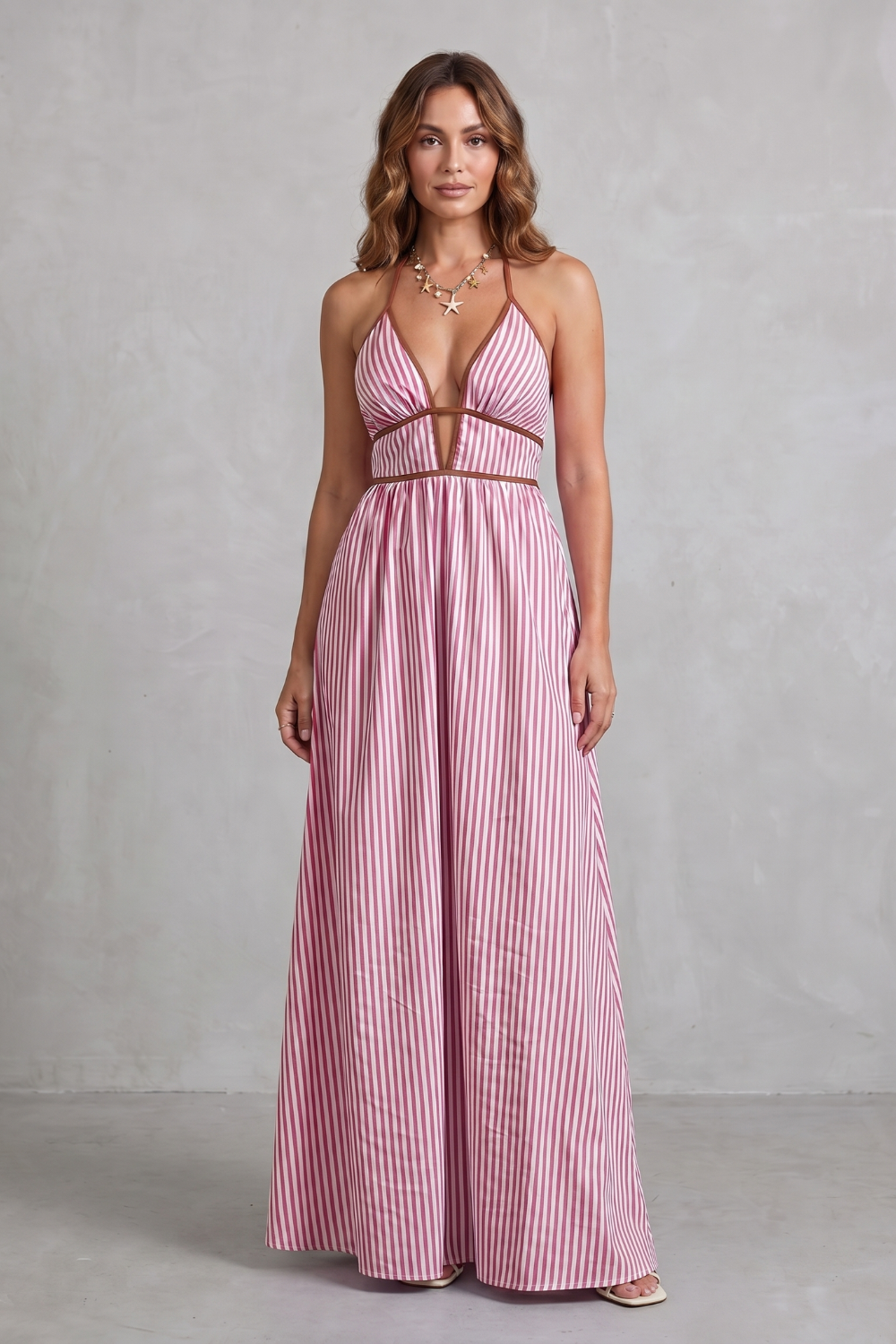 Serelisse – Silhueta listrada com costas abertas – Vestido longo