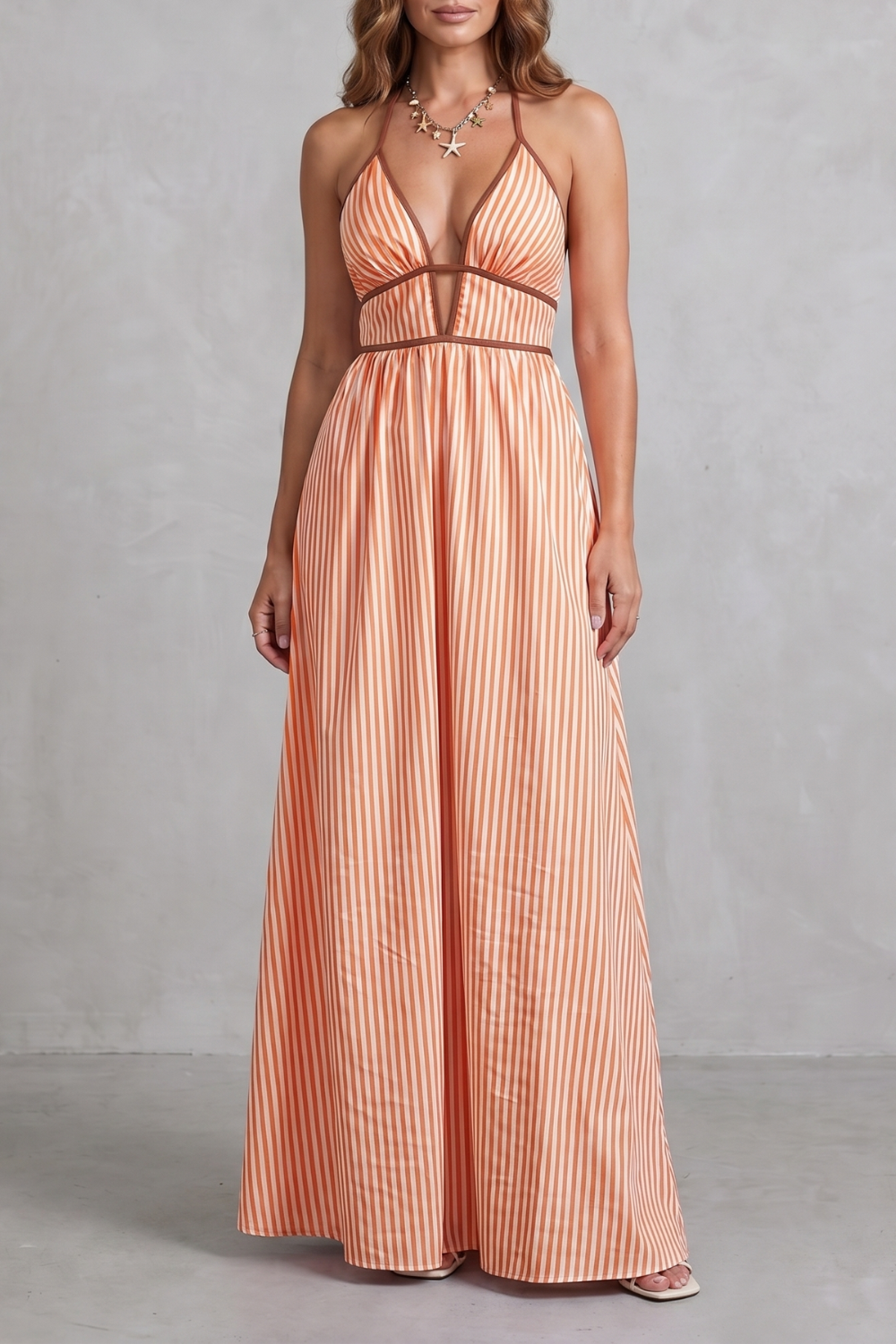 Serelisse – Silhueta listrada com costas abertas – Vestido longo
