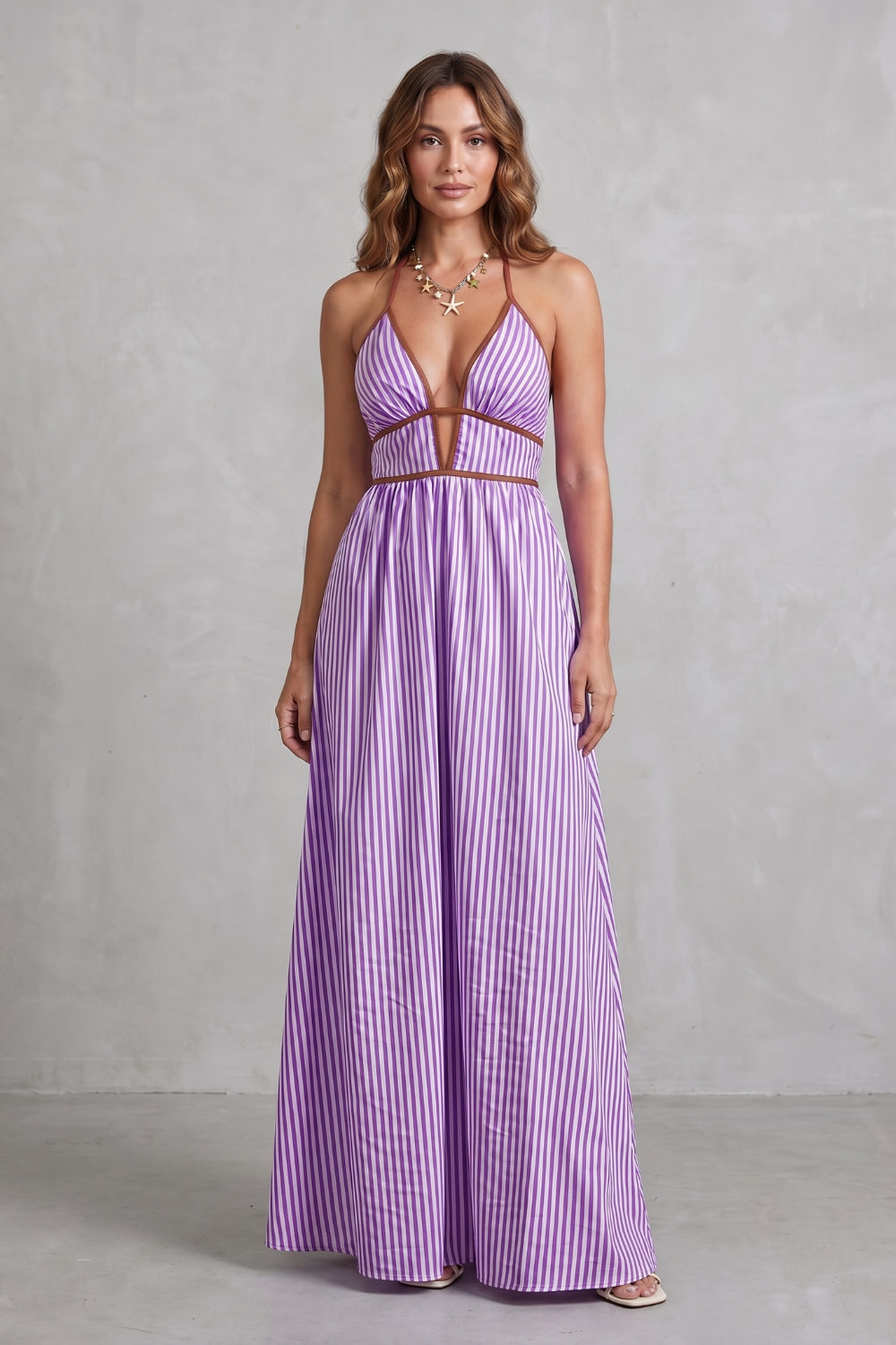 Serelisse – Silhueta listrada com costas abertas – Vestido longo