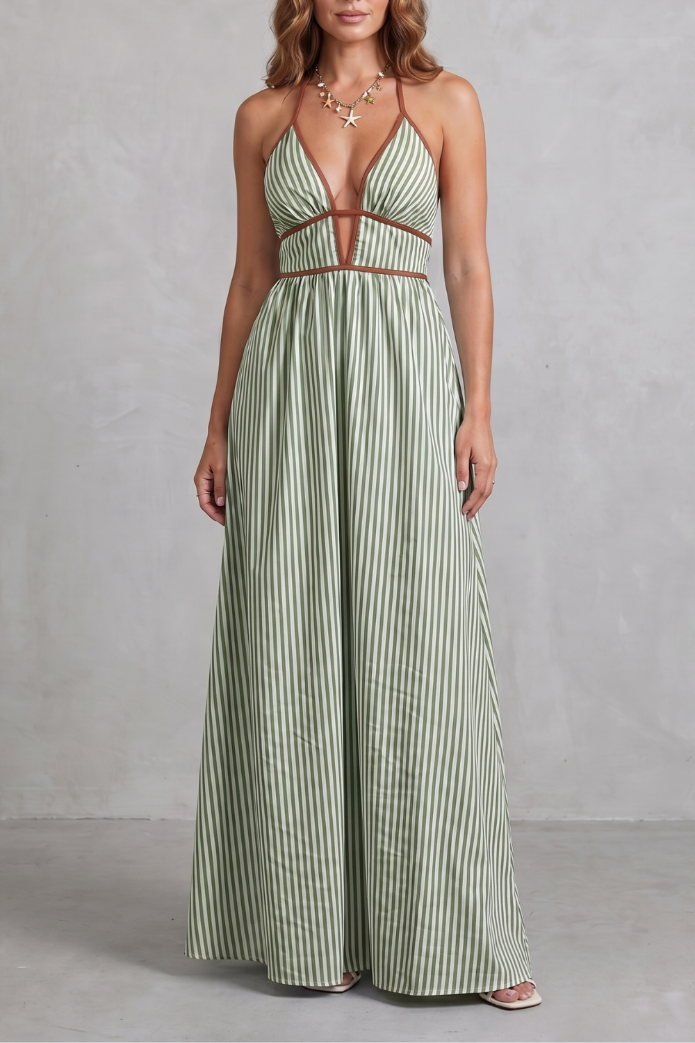 Serelisse – Silhueta listrada com costas abertas – Vestido longo