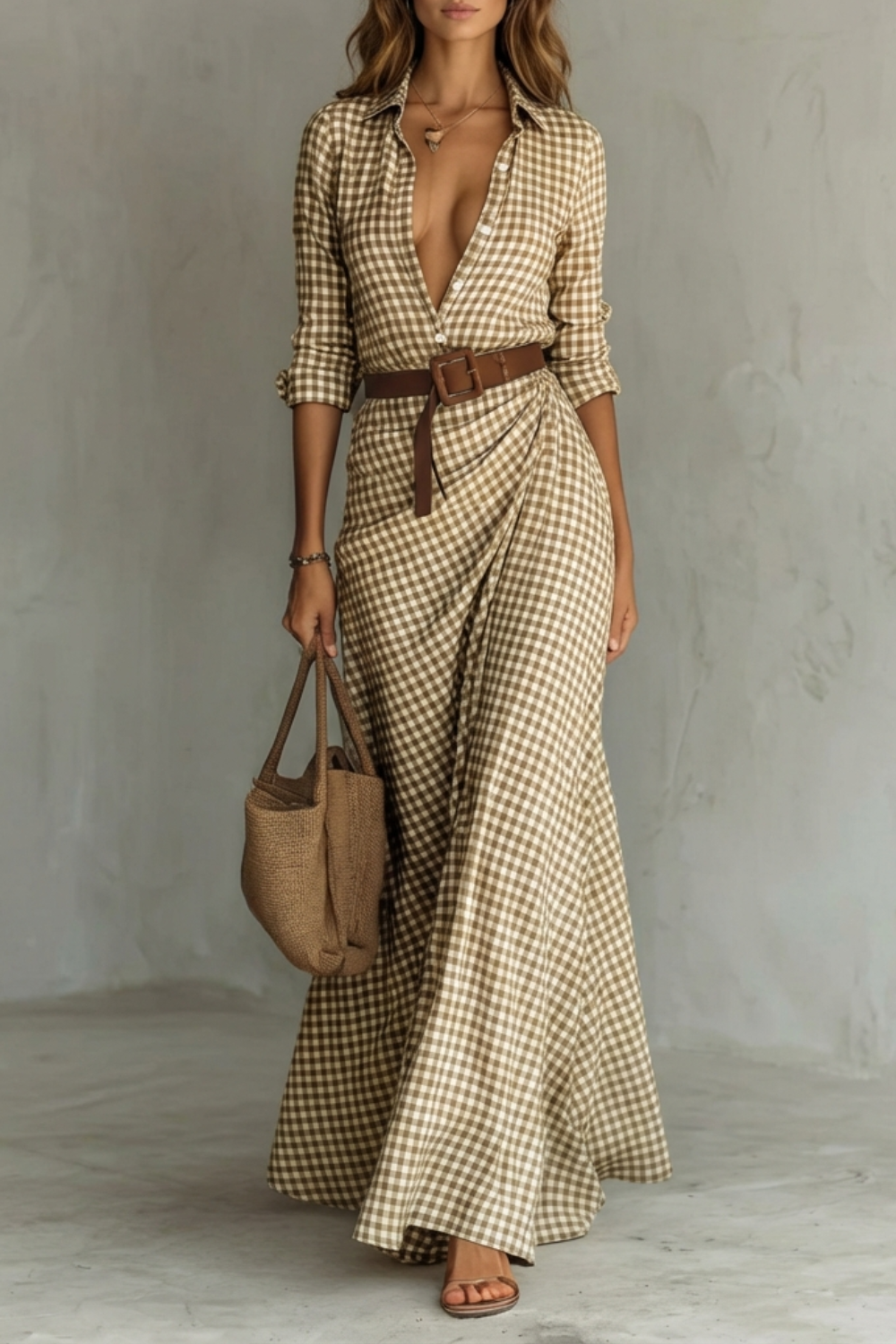 Sienna – Vestido Chemise Longo Plissado com Cinto – Cor Sólida Outono