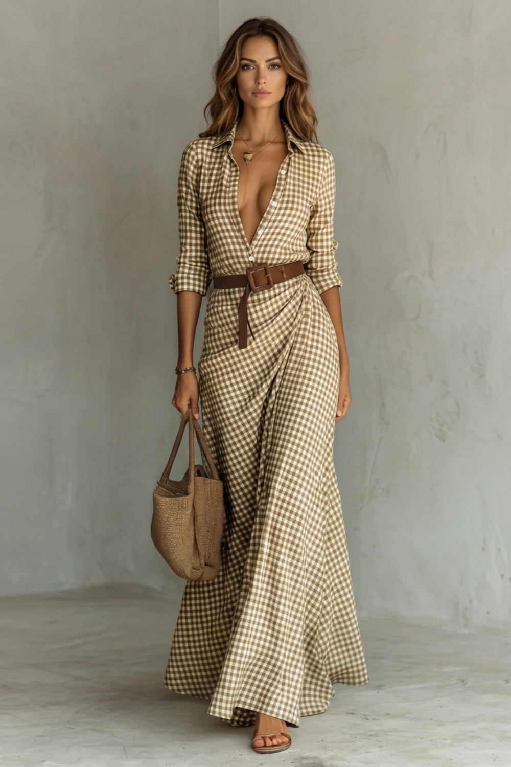 Sienna – Vestido Chemise Longo Plissado com Cinto – Cor Sólida Outono