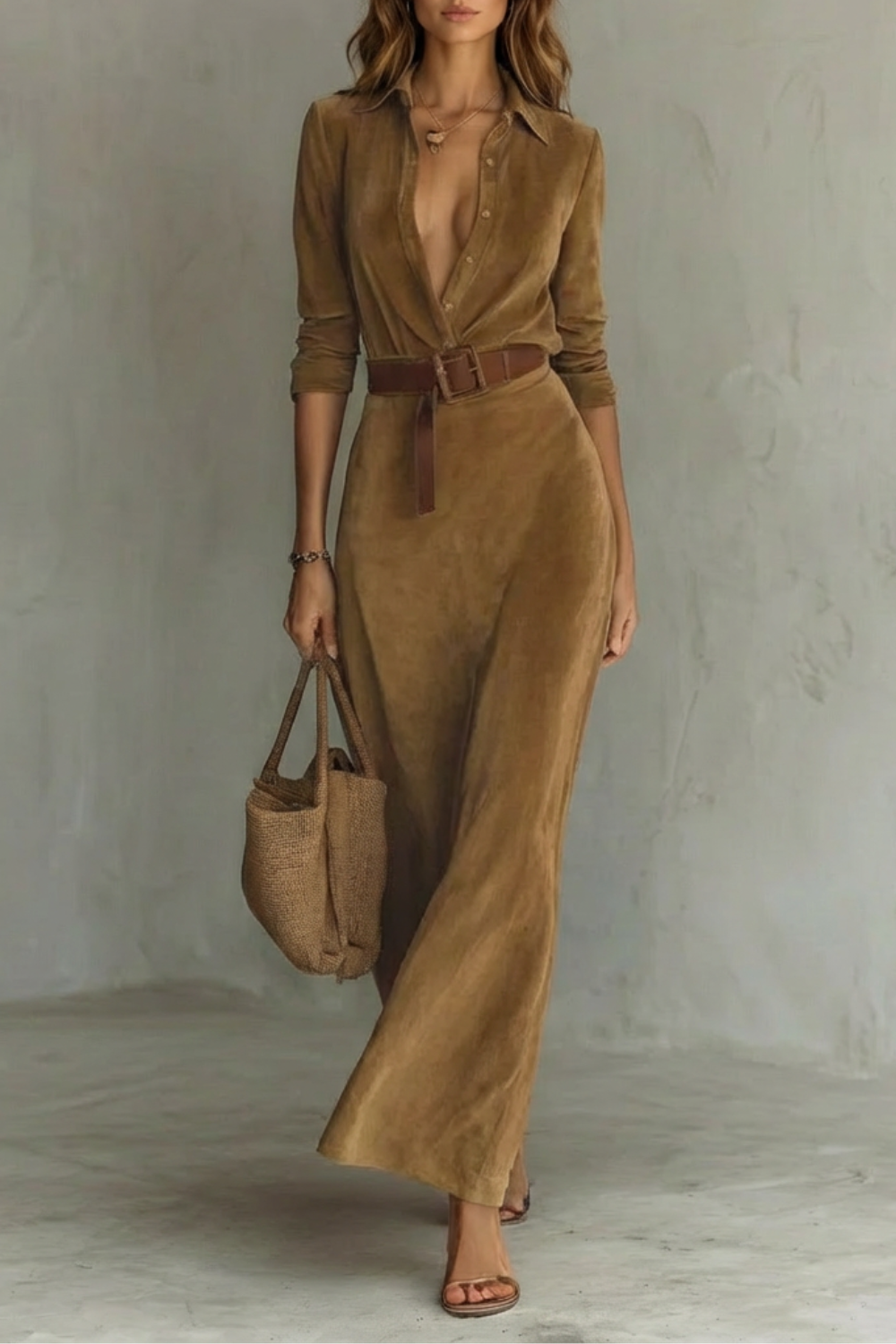 Sienna – Vestido Chemise Longo Plissado com Cinto – Cor Sólida Outono
