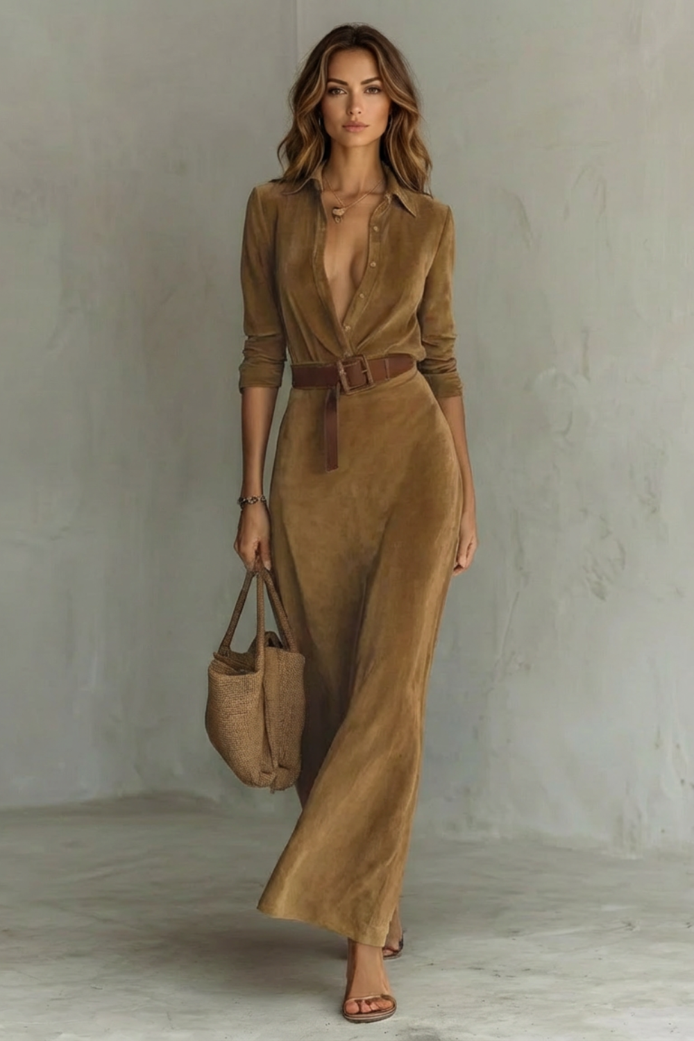 Sienna – Vestido Chemise Longo Plissado com Cinto – Cor Sólida Outono