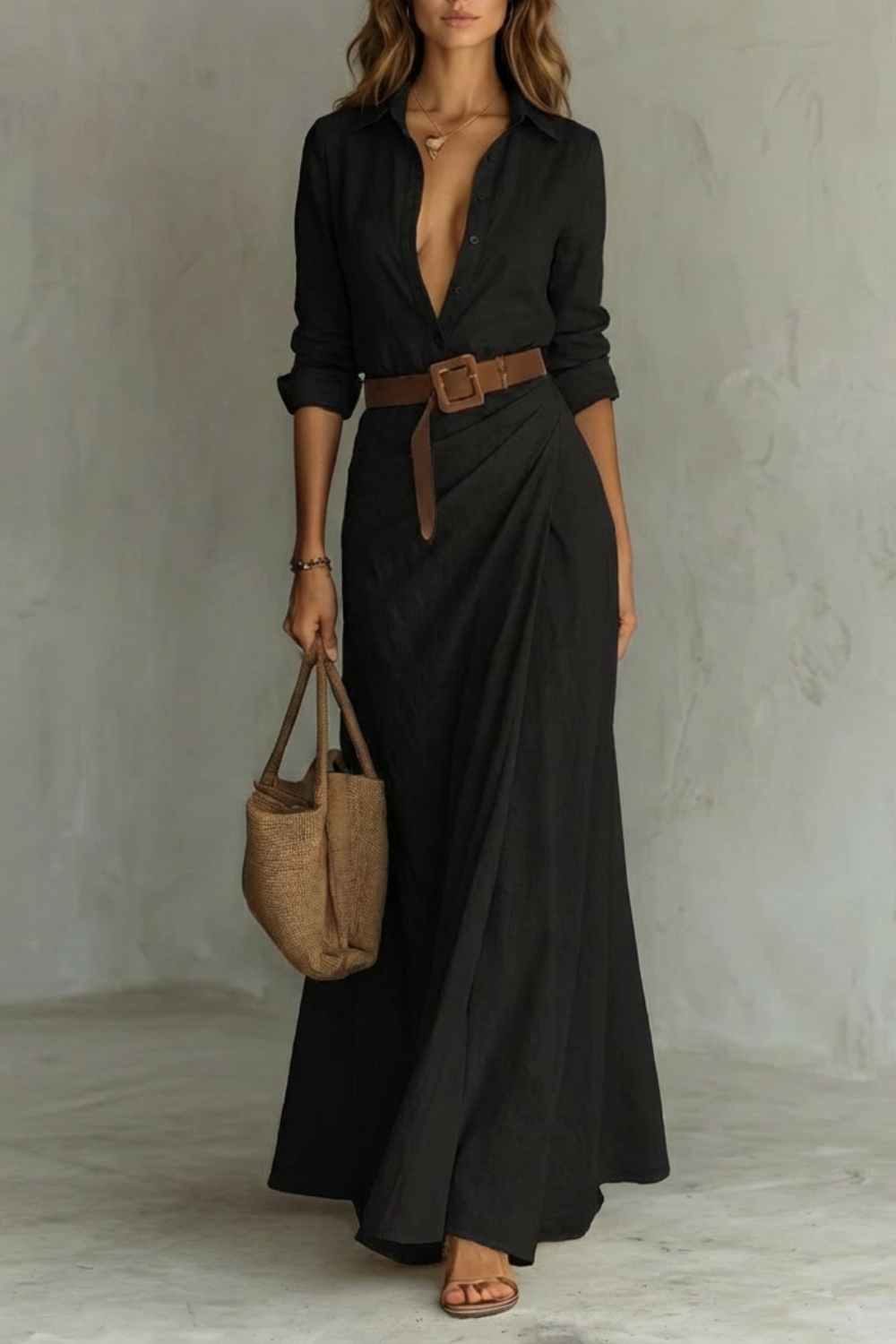 Sienna – Vestido Chemise Longo Plissado com Cinto – Cor Sólida Outono