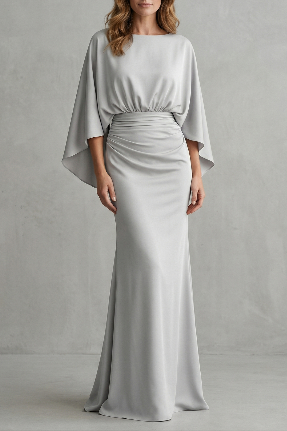Silvarelle – Elegância drapeada com manga morcego – Vestido longo
