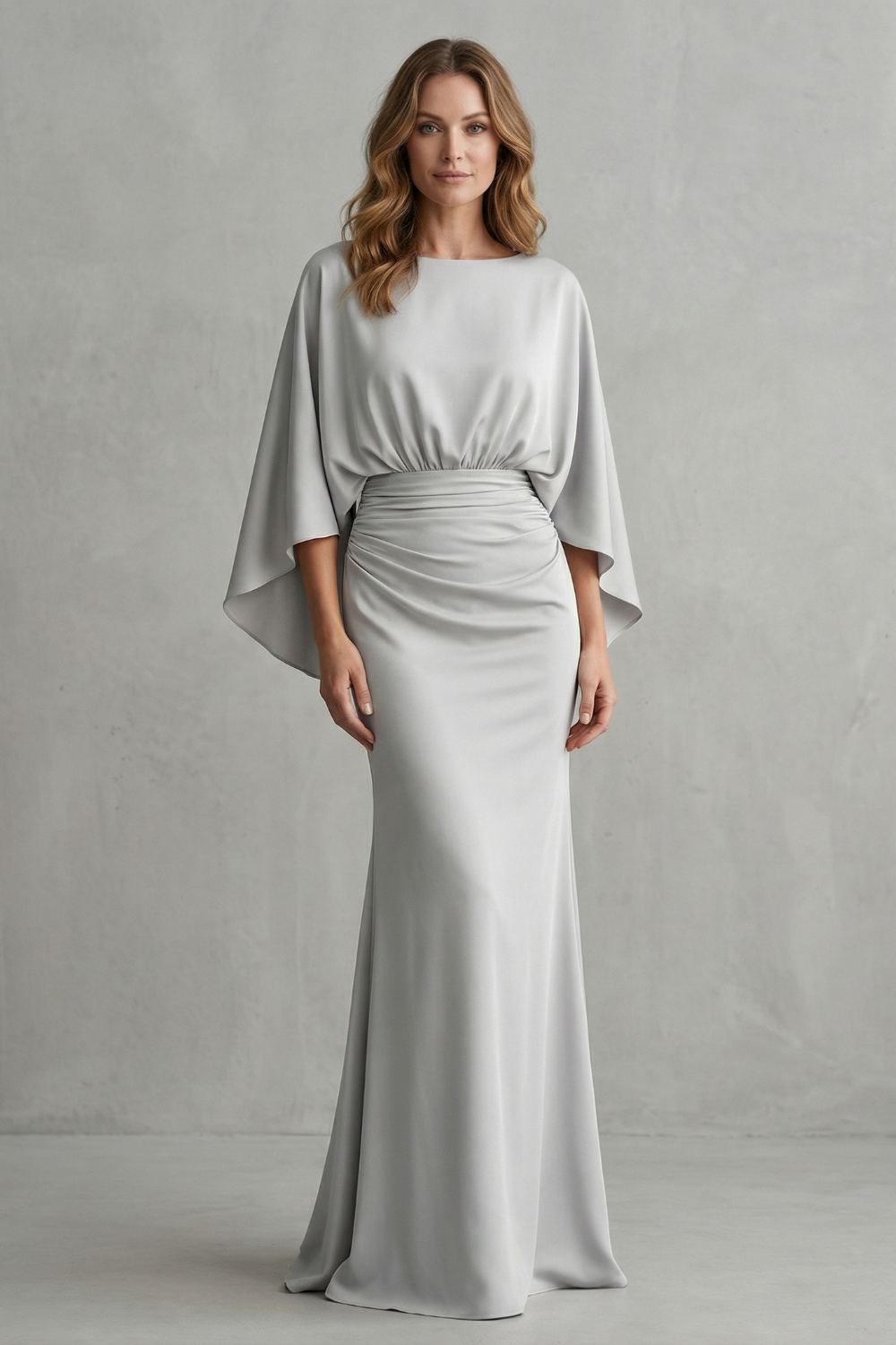 Silvarelle – Elegância drapeada com manga morcego – Vestido longo