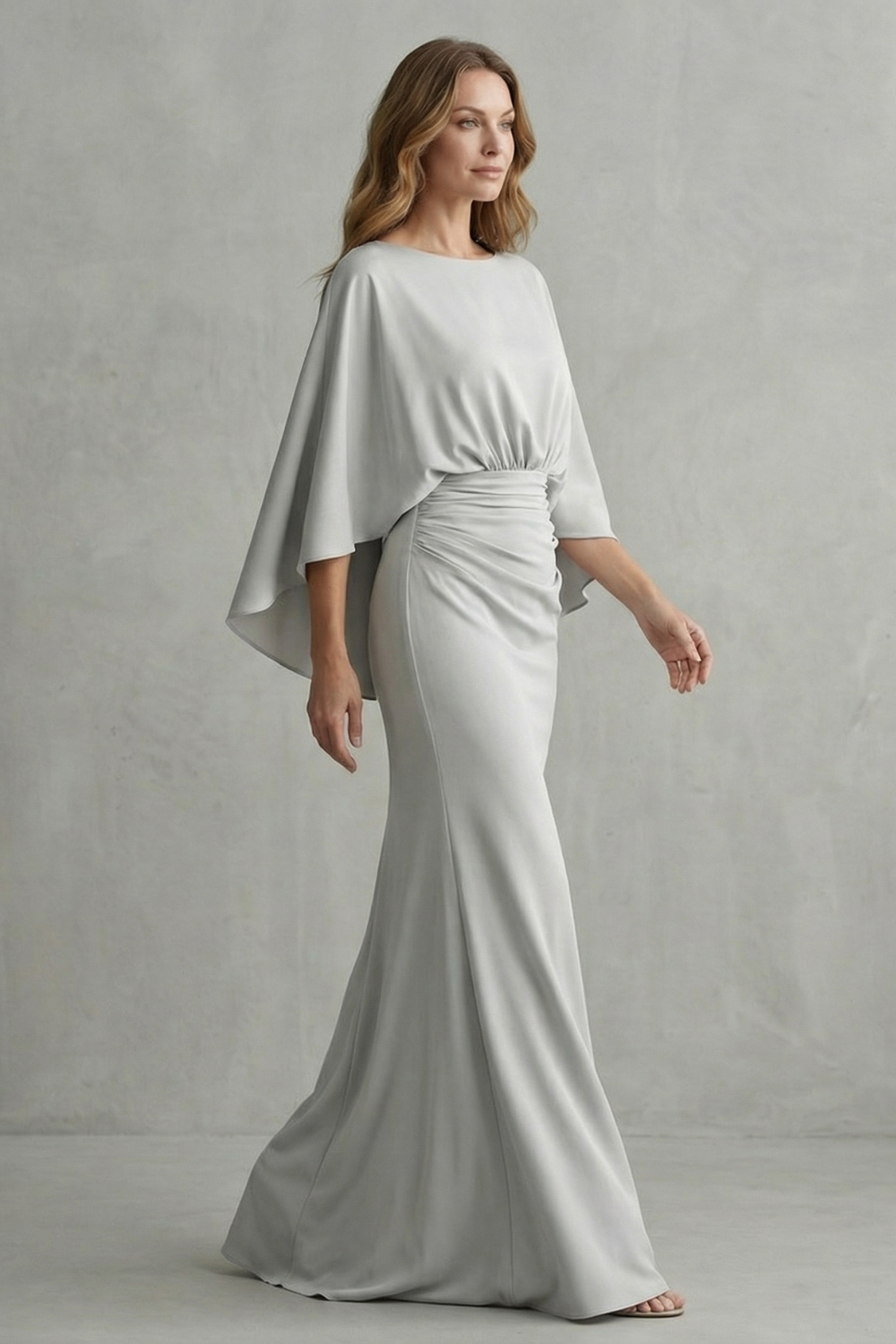 Silvarelle – Elegância drapeada com manga morcego – Vestido longo