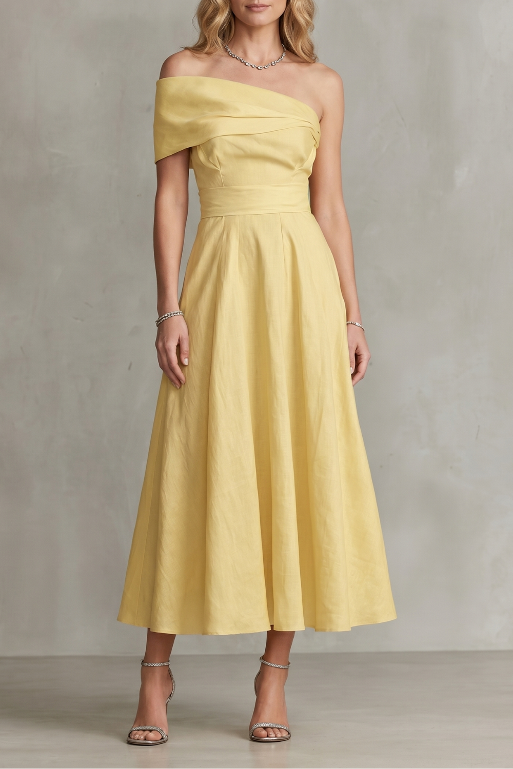 Soléane – Elegância em linho com ombro a ombro – Vestido longo