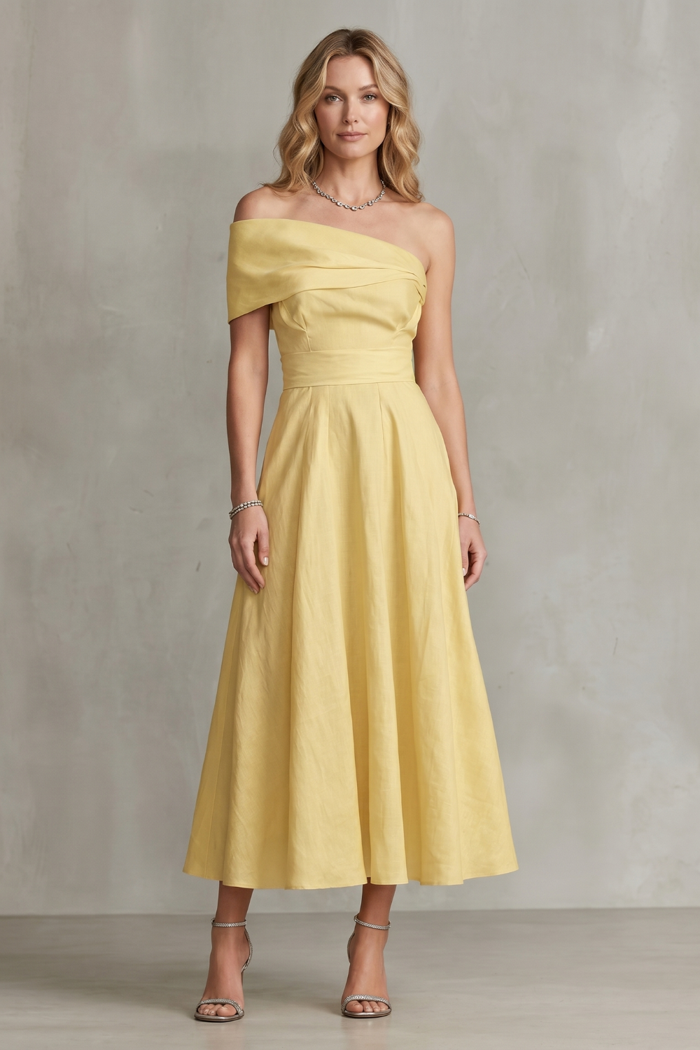 Soléane – Elegância em linho com ombro a ombro – Vestido longo