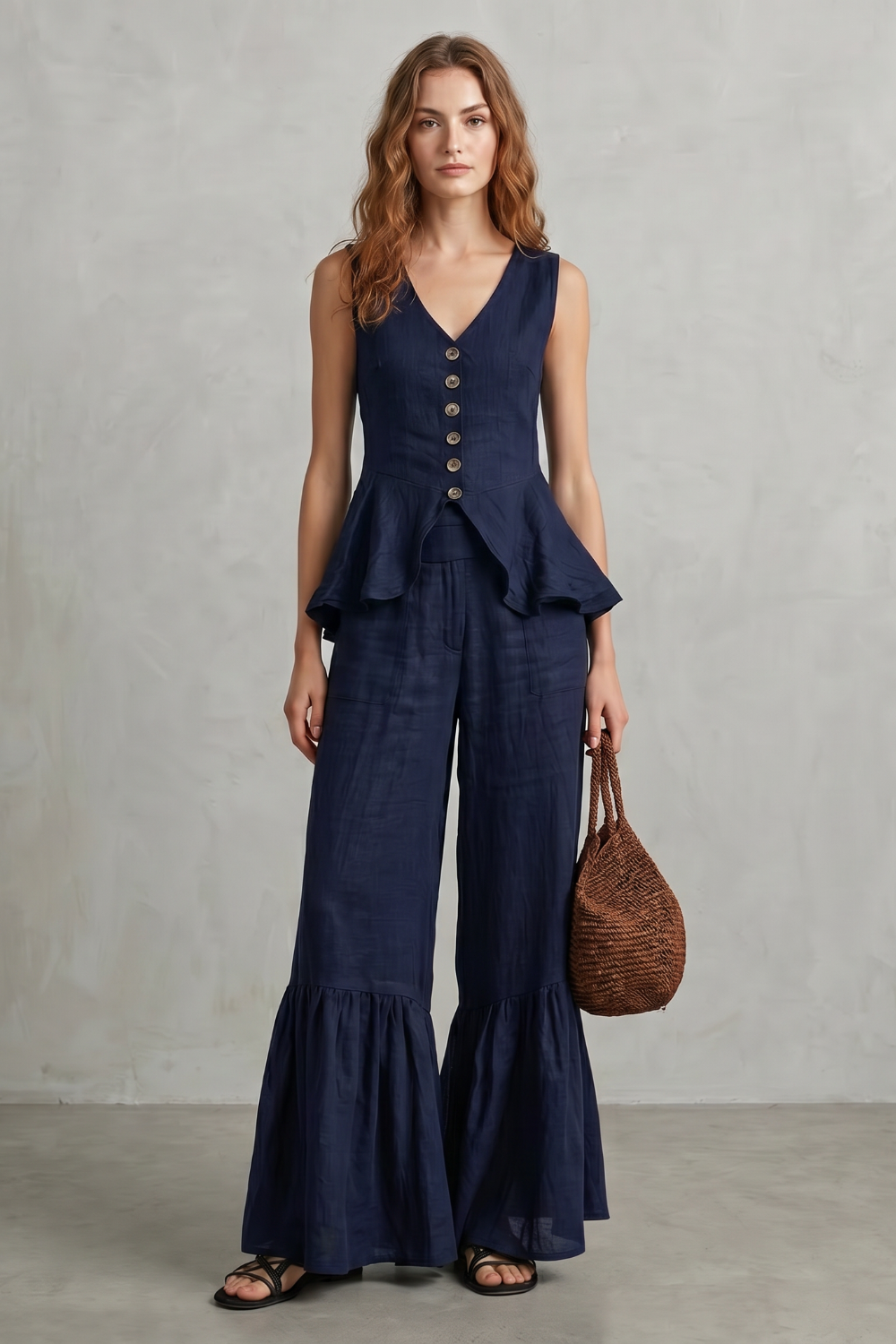 Solivette – Elegância de resort com babados – Conjunto de calças