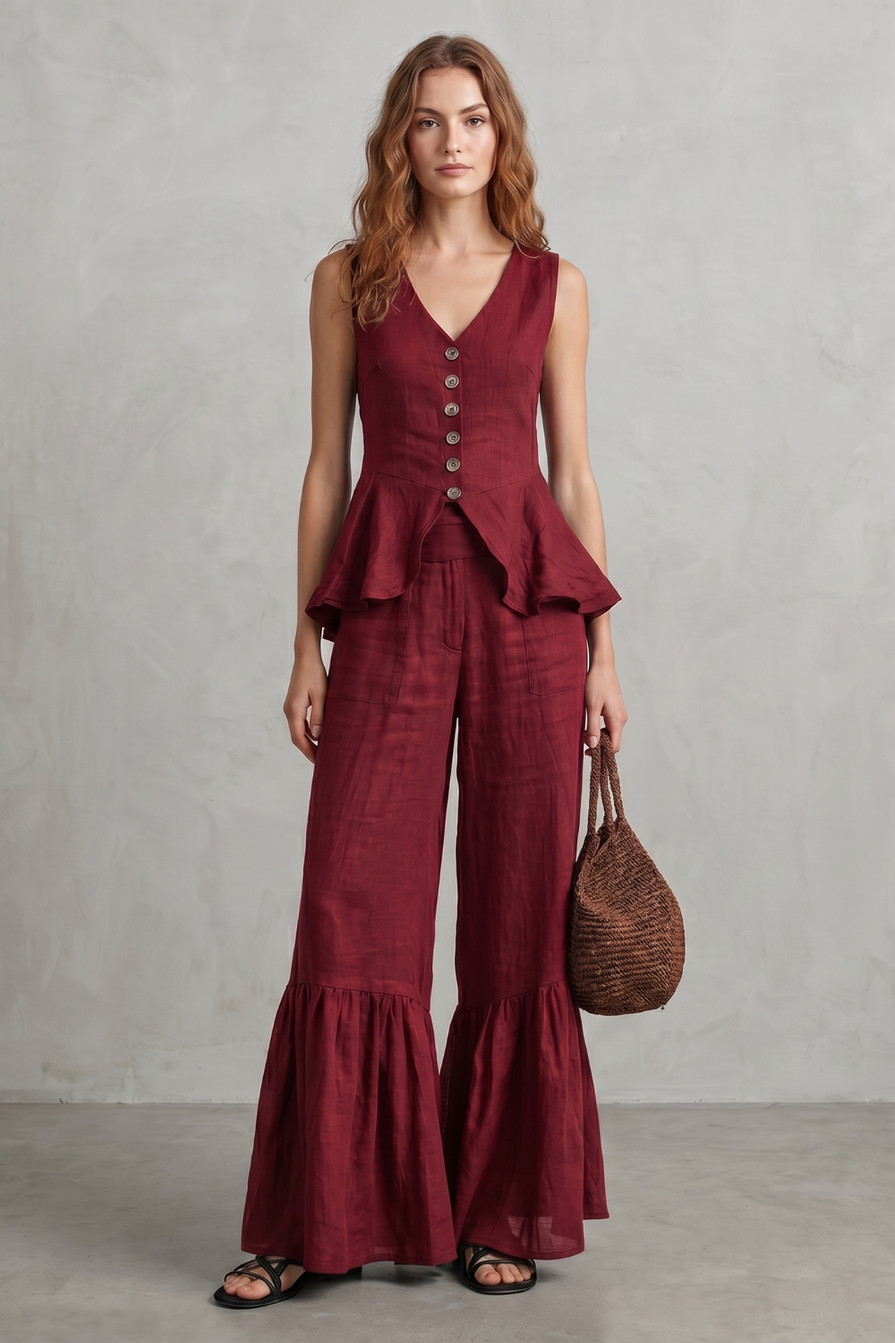 Solivette – Elegância de resort com babados – Conjunto de calças